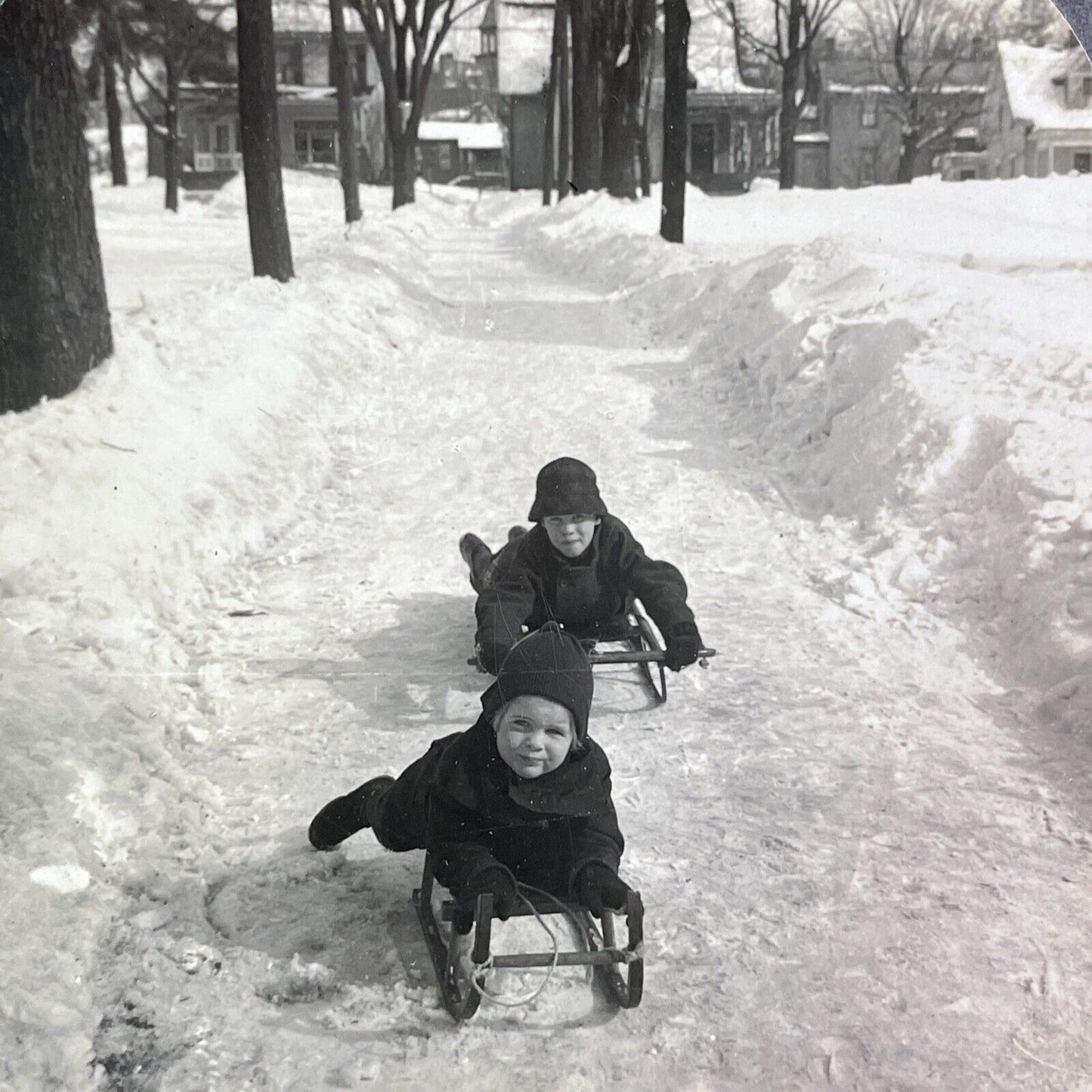 Children Sledding in Winter Stereoview Scarce Late View Antique c1935 Y1354