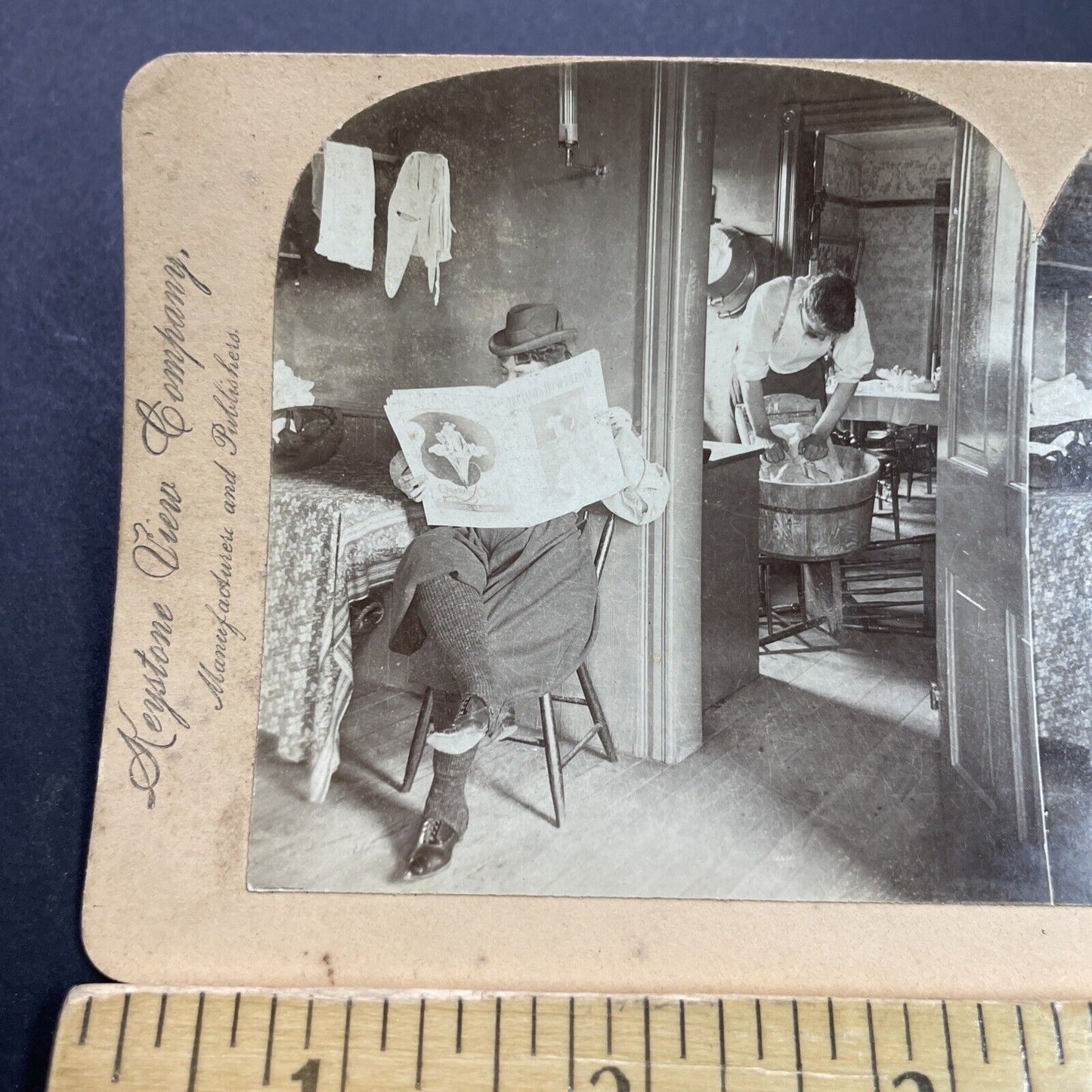 Antique 1896 Feminism & Satire Woman Reads Newspaper Stereoview Photo Card P3507