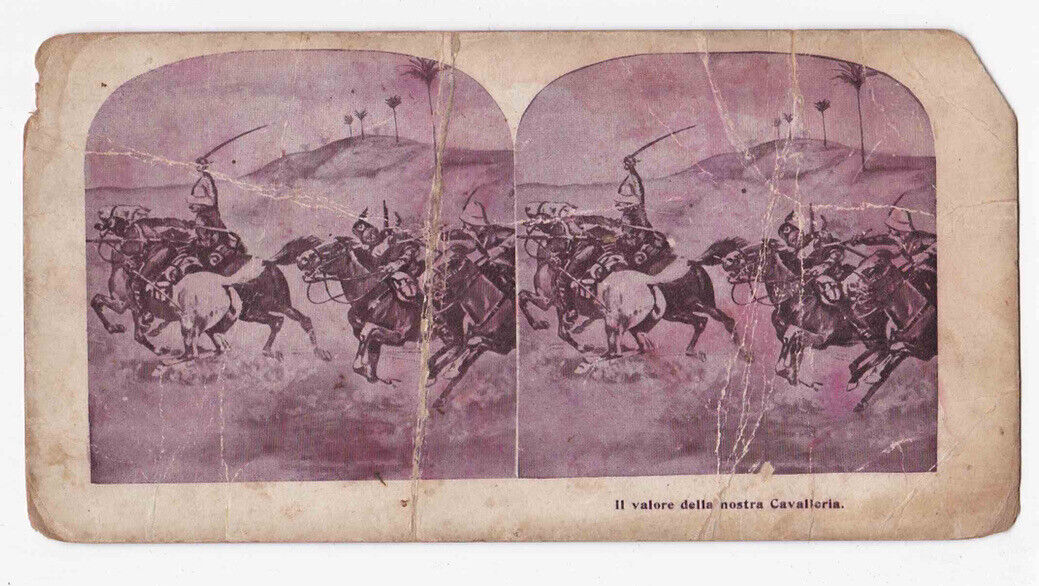 Antique 1911 Italian Cavalry Attacking Turkish Soldiers Libya Stereo Card P186