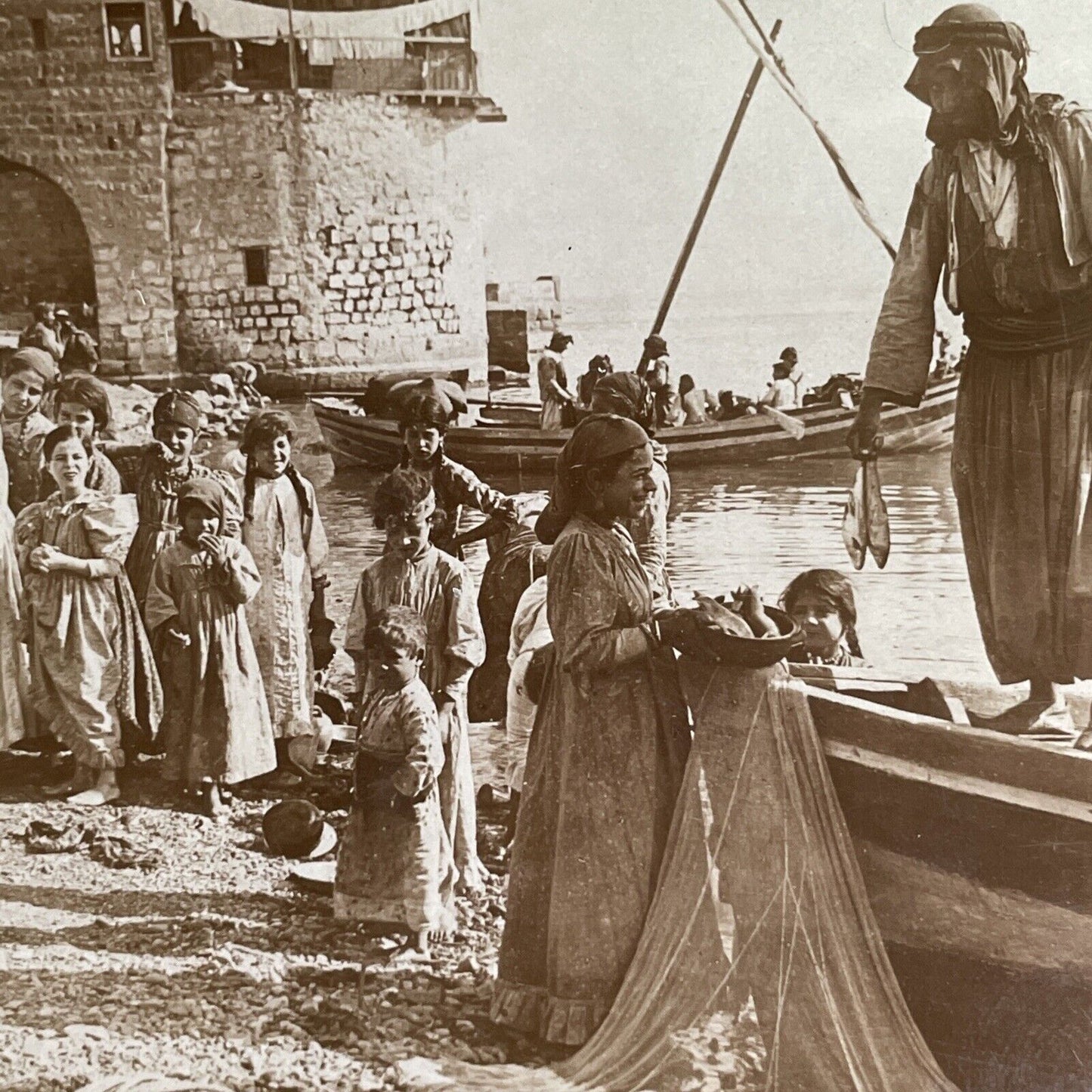 Antique 1901 Fisherman Return With Fish In Tiberias Stereoview Photo Card P1331