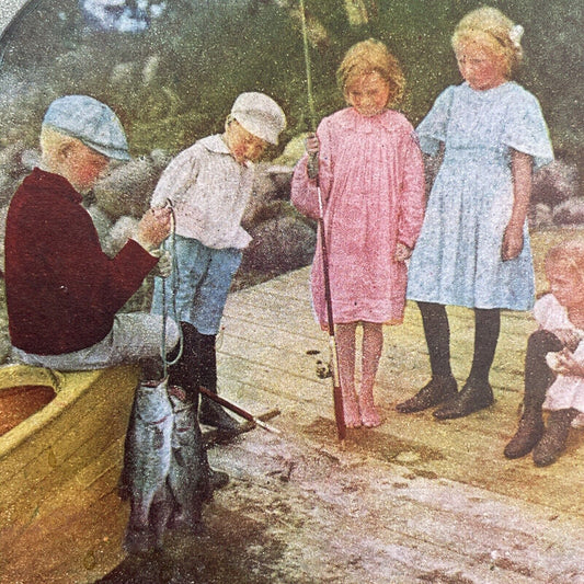 Antique 1898 Children Bass Fishing On River Bank Stereoview Photo Card P580-018