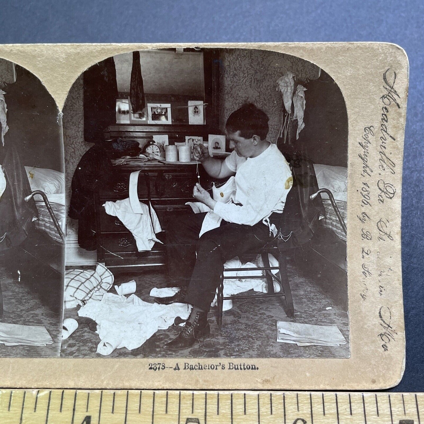 Antique 1896 Man Fixes Clothes After Brawl Fight Stereoview Photo Card V2855