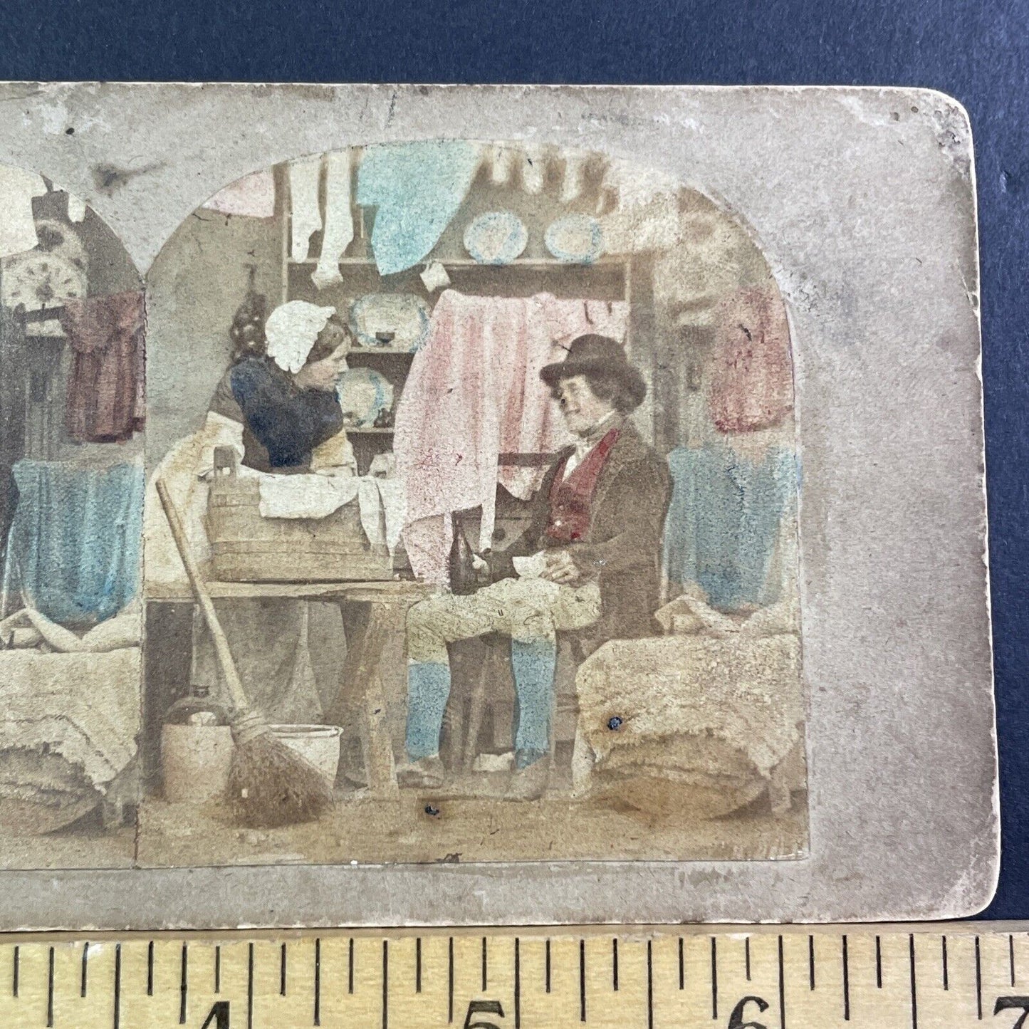 Wife Does Laundry Husband Drinks Tea Stereoview Antique c1860 X3701