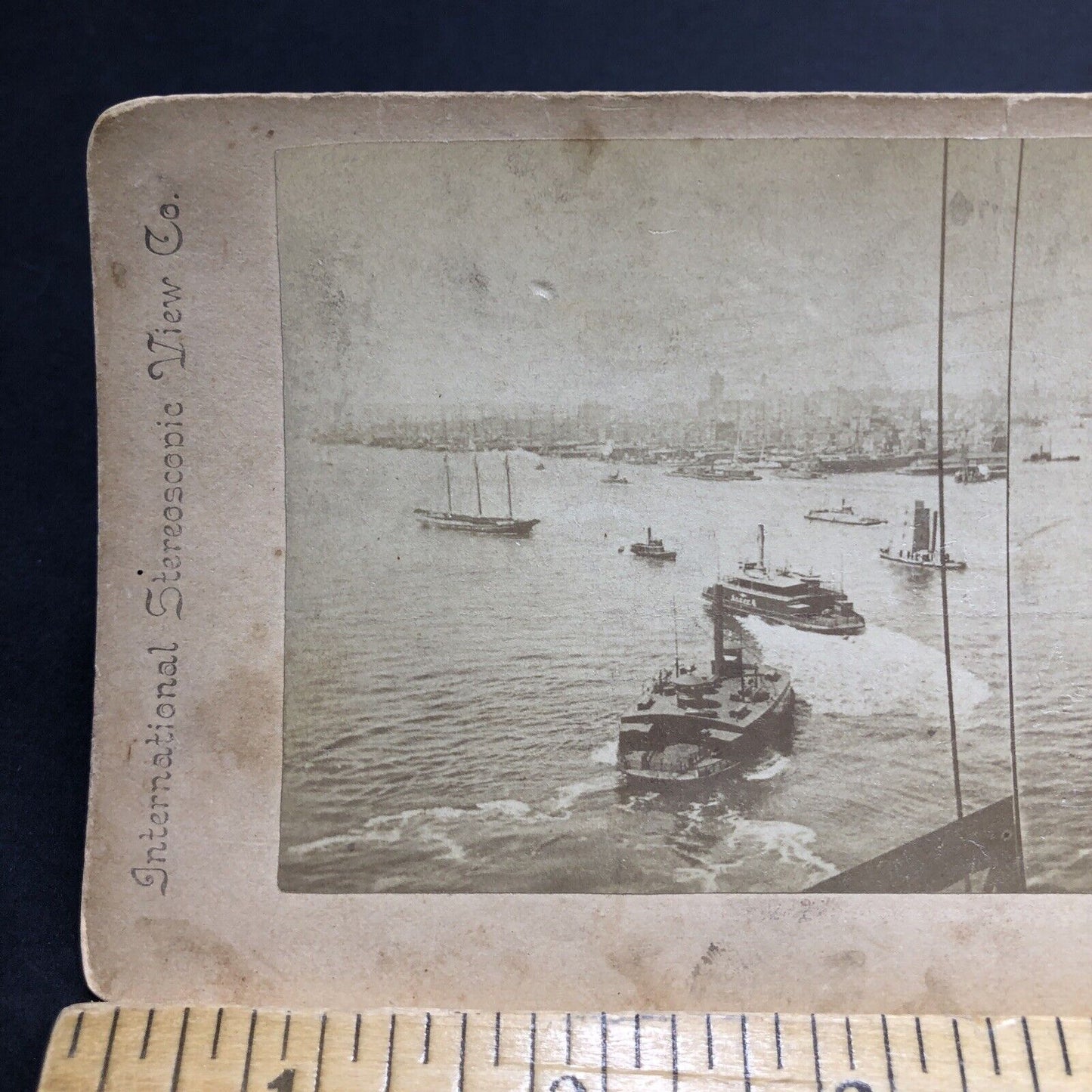 Antique 1894 Cargo Ships Hudson River Manhattan NY Stereoview Photo Card P1963