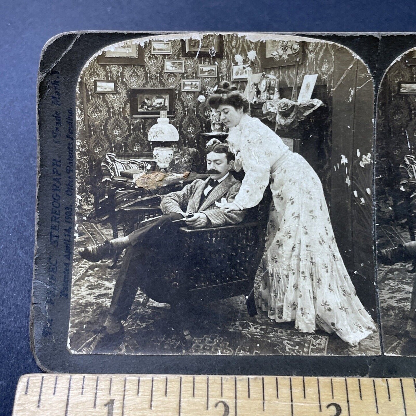 Antique 1903 Husband & Wife Read A Newspaper Stereoview Photo Card P2971