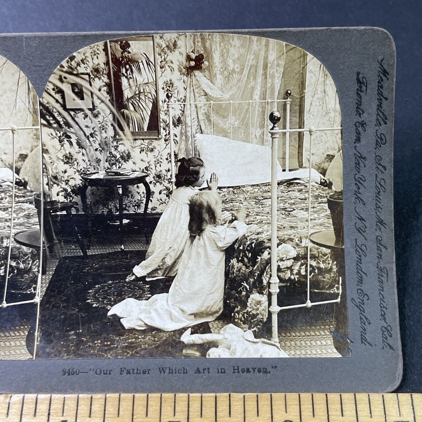 Antique 1900 Girls Say The Lords Prayer At Night Stereoview Photo Card P2855