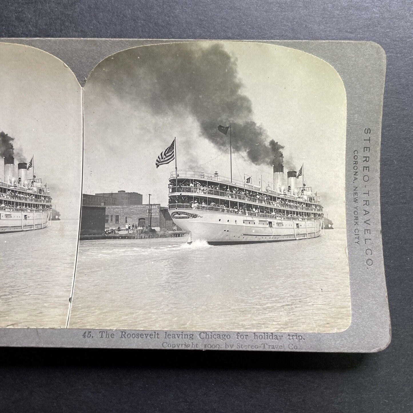 Antique 1909 USS Theodore Roosevelt Great Lakes Ship Stereoview Photo Card P1288