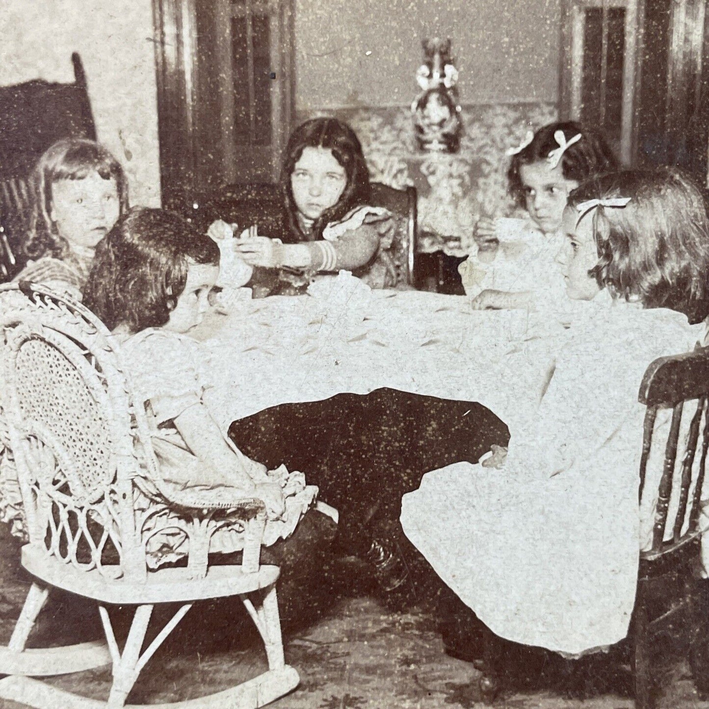 Antique 1890s Children Girls Having A Tea Party Stereoview Photo Card P3336