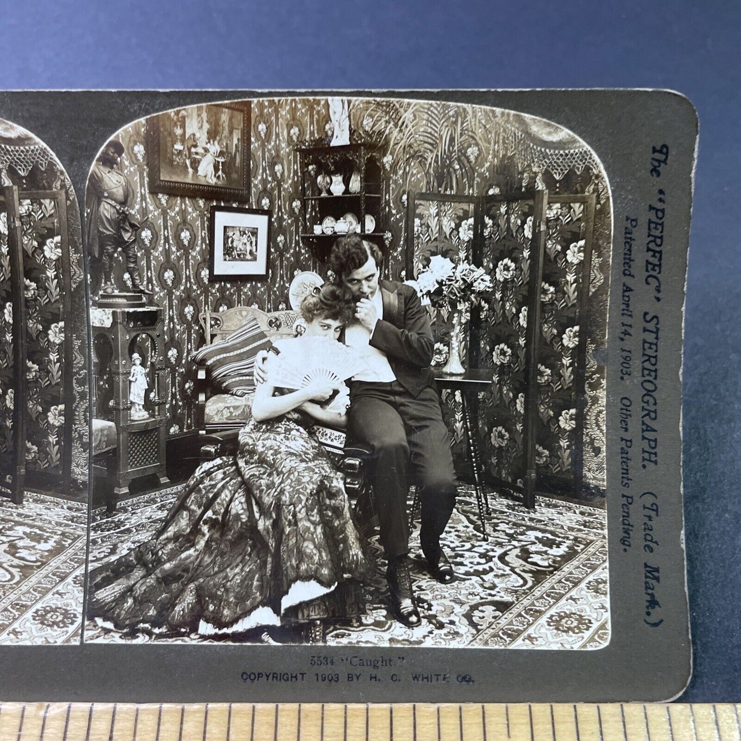 Antique 1903 Man & Woman Blush Caught Kissing Stereoview Photo Card P2923