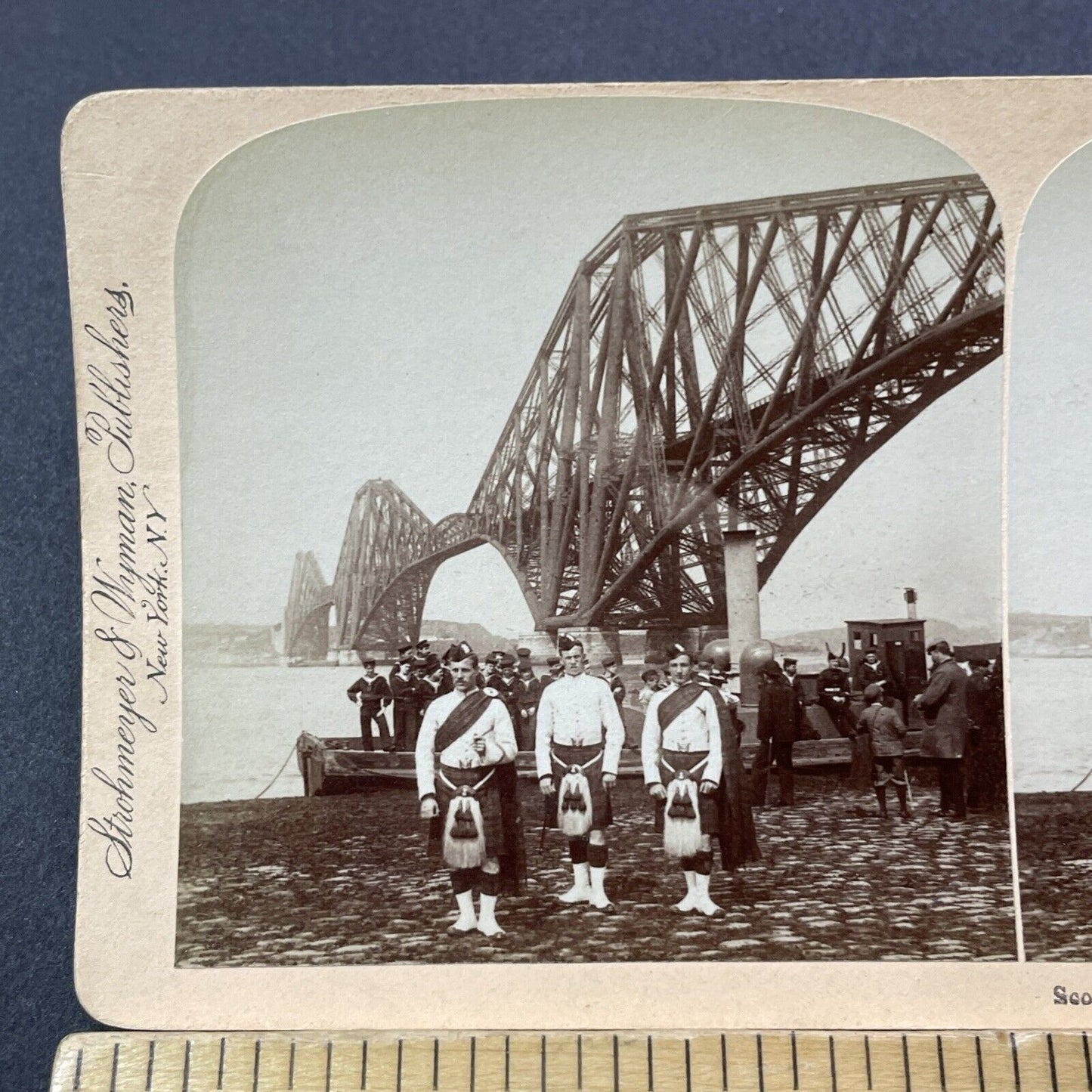 Antique 1896 Scottish Highlander Soldiers Pipers Stereoview Photo Card V3263