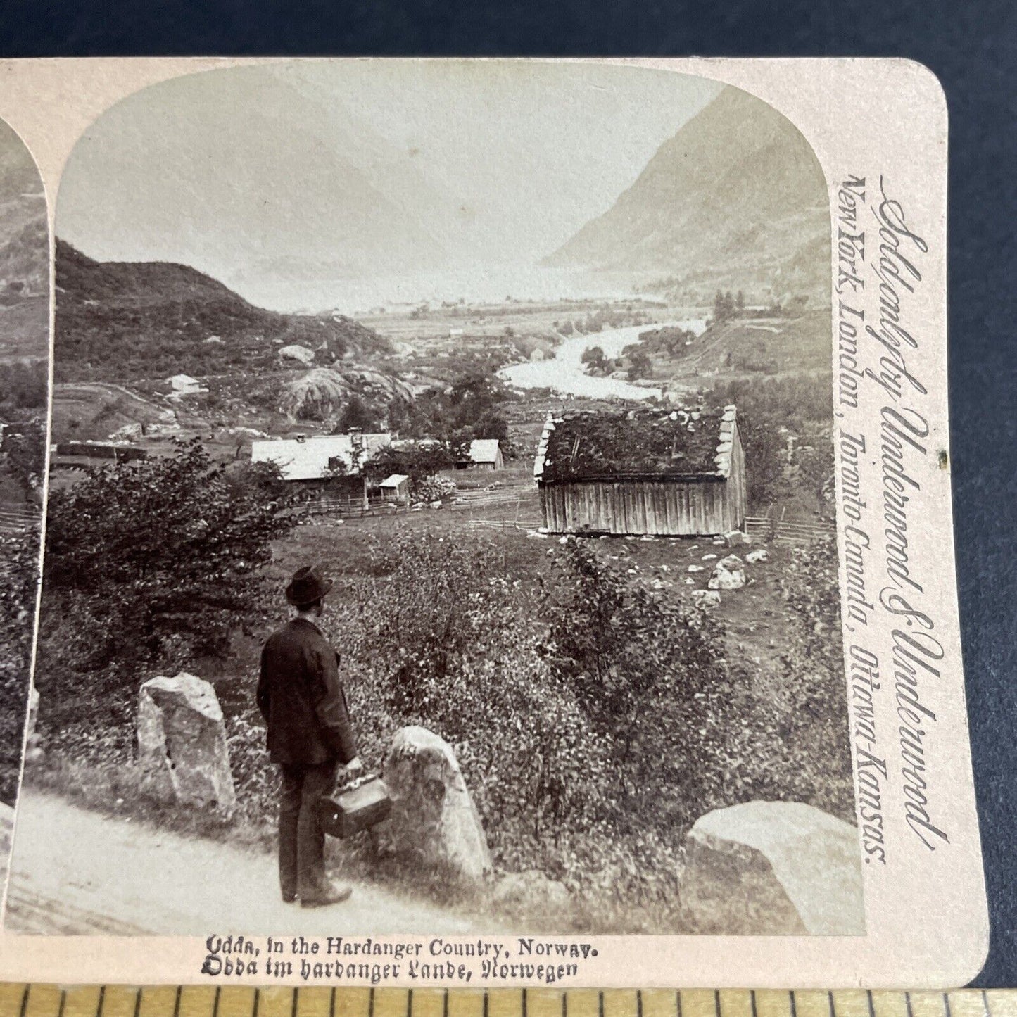 Antique 1892 Worker With Lunchbox Odda Norway Stereoview Photo Card P4592