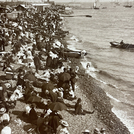 Antique 1906 Beachgoers At Southsea Beach England Stereoview Photo Card P4394