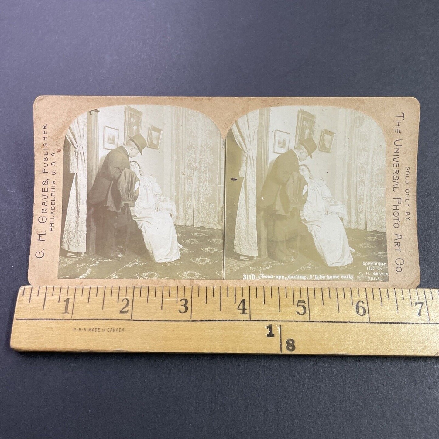 Antique 1897 Business Man Kisses Wife Goodbye Stereoview Photo Card P3422