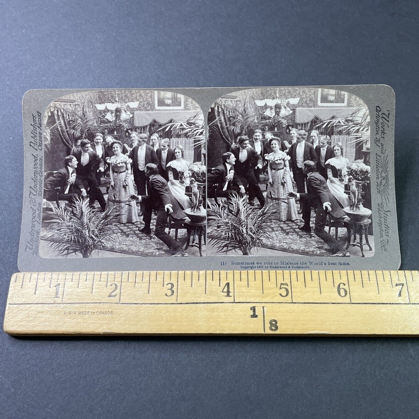 Antique 1901 Woman Under Mistletoe Surrounded By Men Stereoview Photo Card P2837