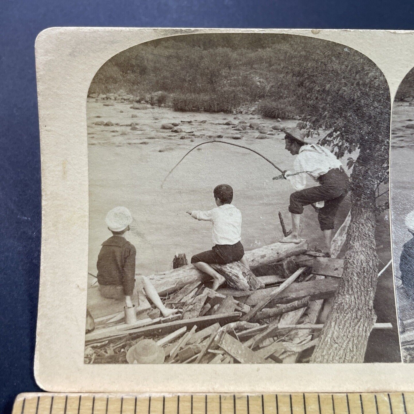 Antique 1880s Boys With Fishing Pole US South Stereoview Photo Card P3967