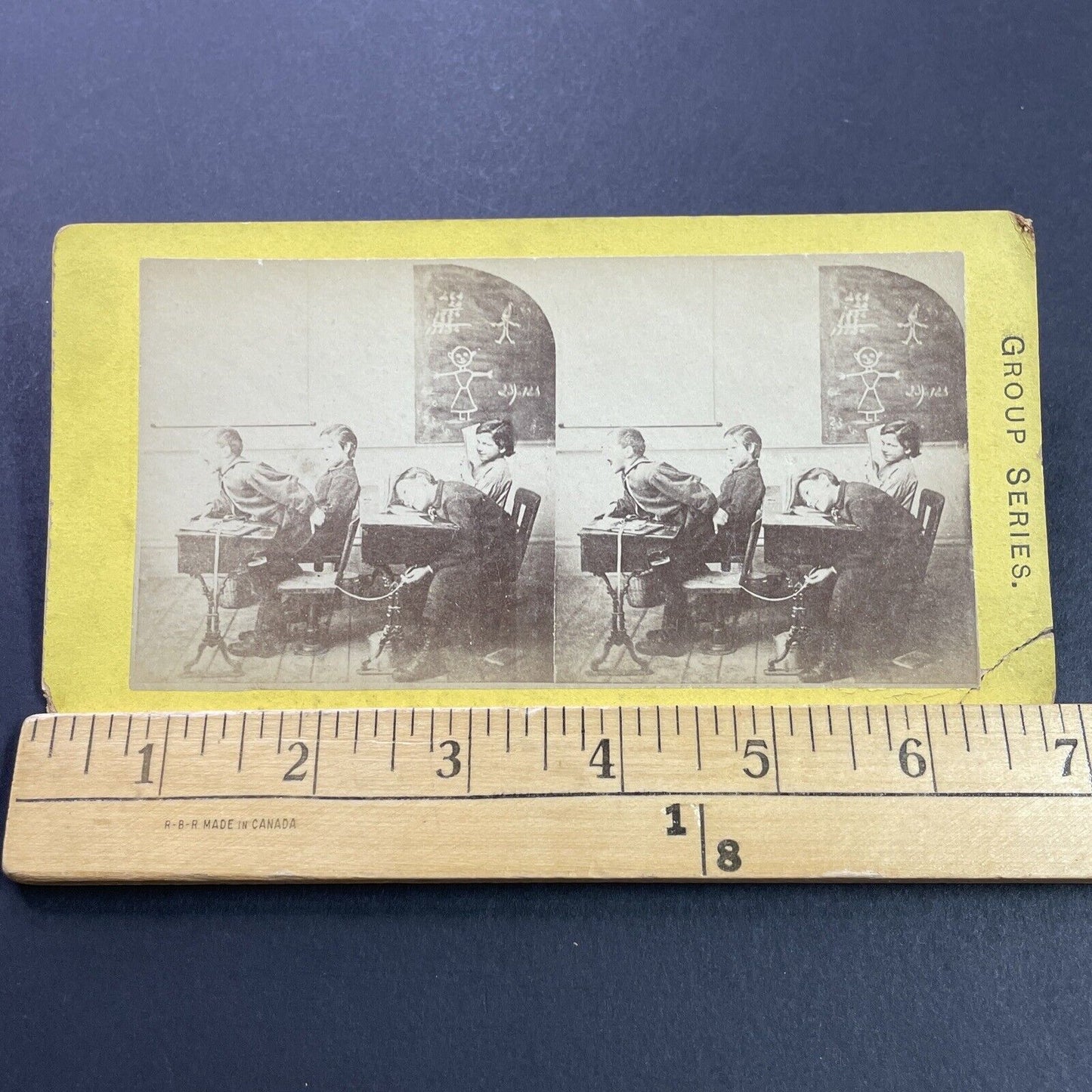 Antique 1870s Boys Put Tack On Students Chair Stereoview Photo Card P4108