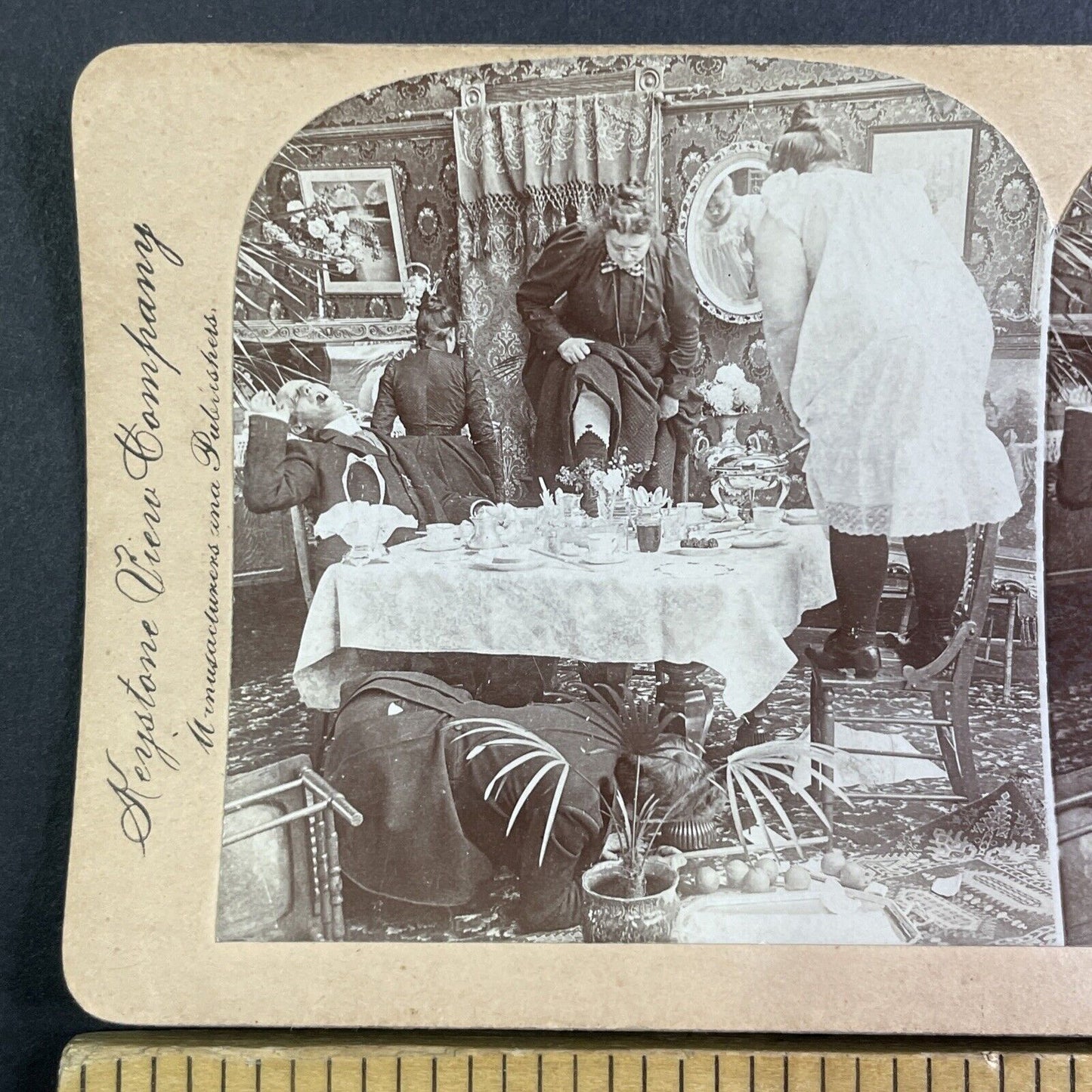 A Mouse Runs Across Dining Room Floor Stereoview Antique c1900 Y1225