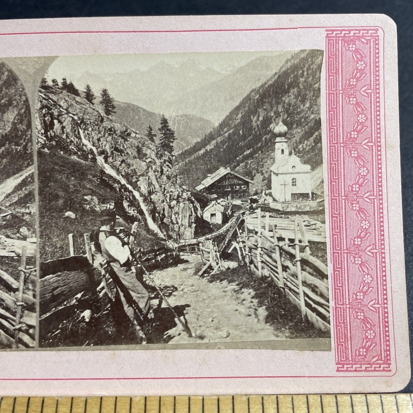 Antique 1870s Heiligkreuz Church Otztal Switzerland Stereoview Photo Card P4174