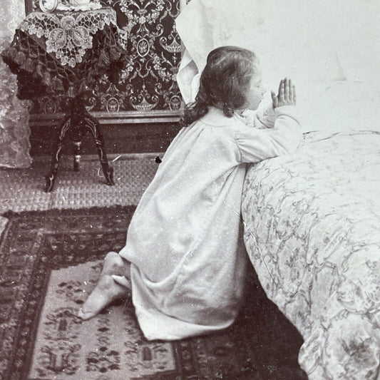 Antique 1899 Child Praying At Bedside Stereoview Photo Card P4002