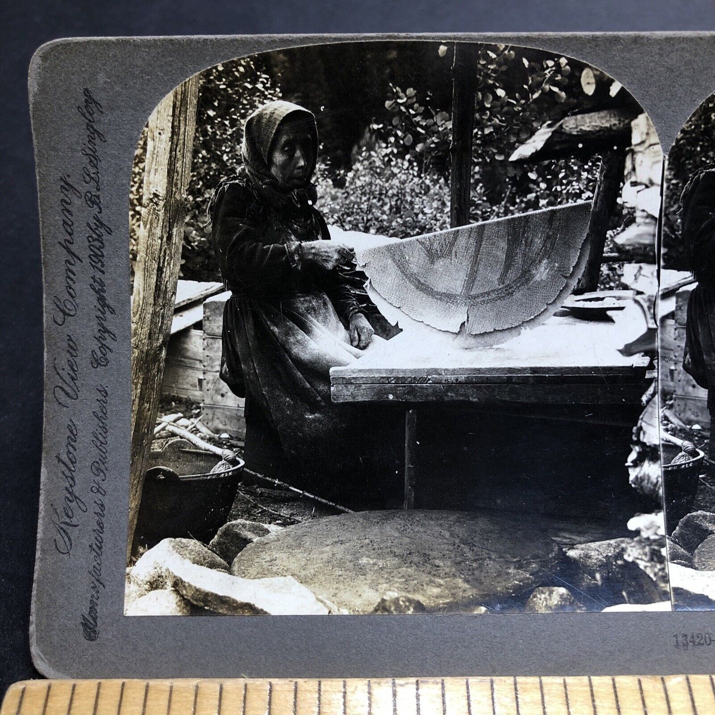 Antique 1903 Poor Norwegian Peasant Making Bread Stereoview Photo Card P1986