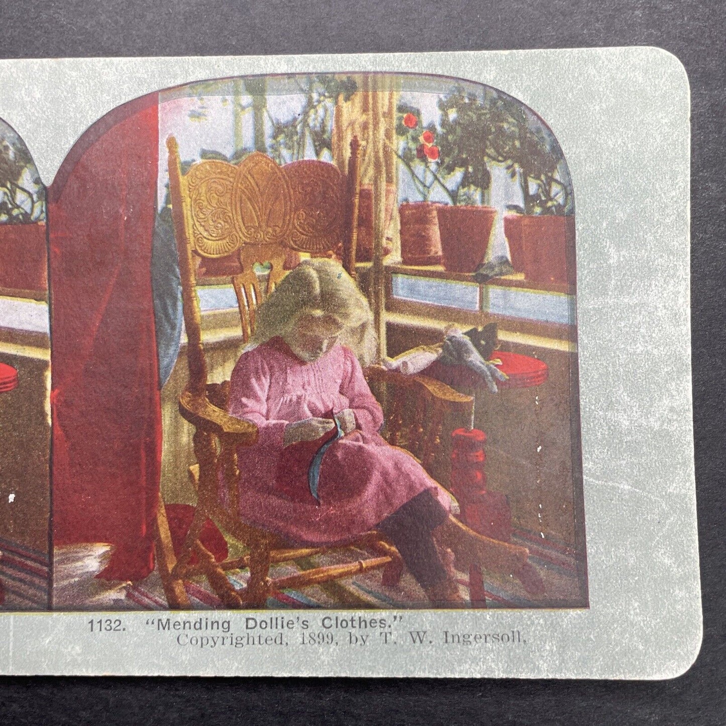 Antique 1899 Girl Sews Stitches Doll Clothes Stereoview Photo Card P580-035