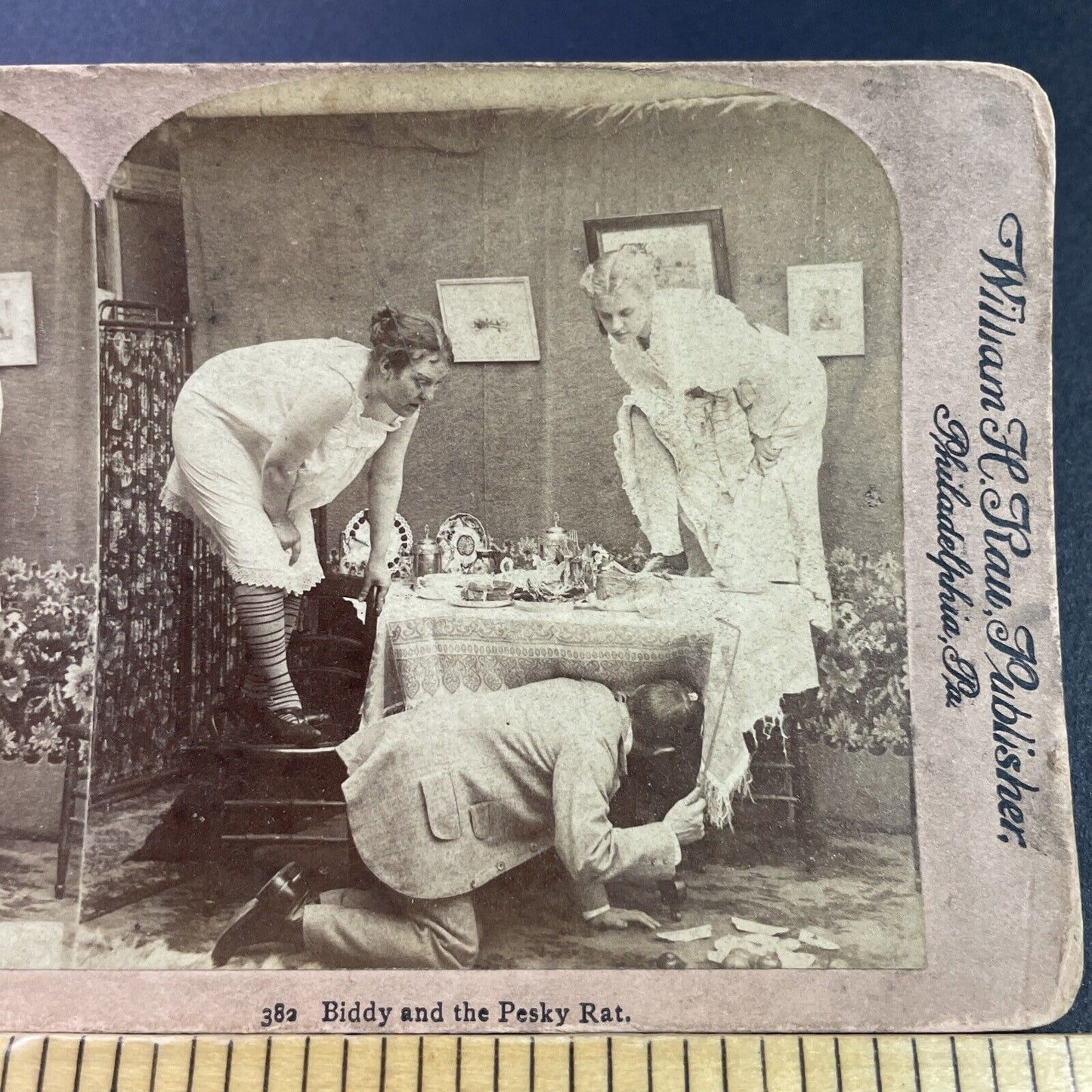 Antique 1890s Women Hide On Table From A Rat Stereoview Photo Card P3448