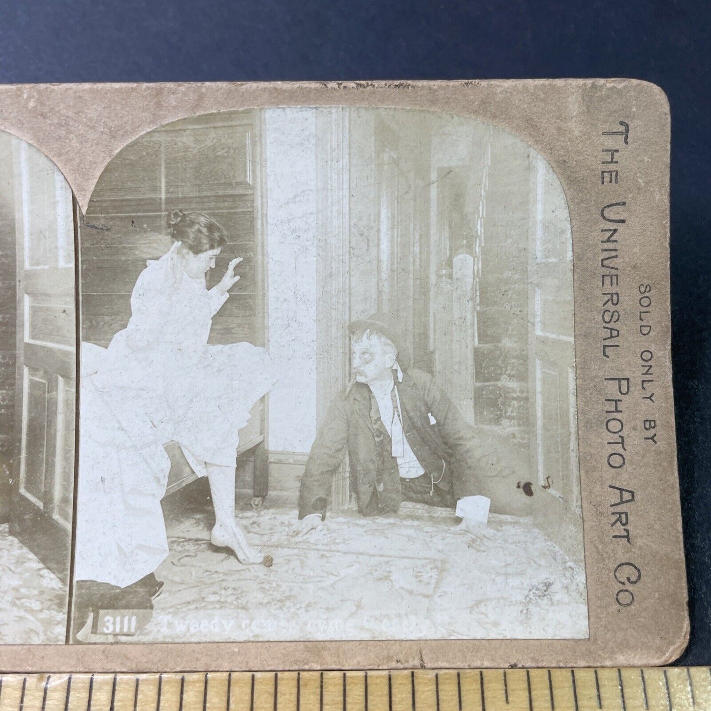 Antique 1897 Drunk & Beaten Up Man Crawls Home Stereoview Photo Card P2989