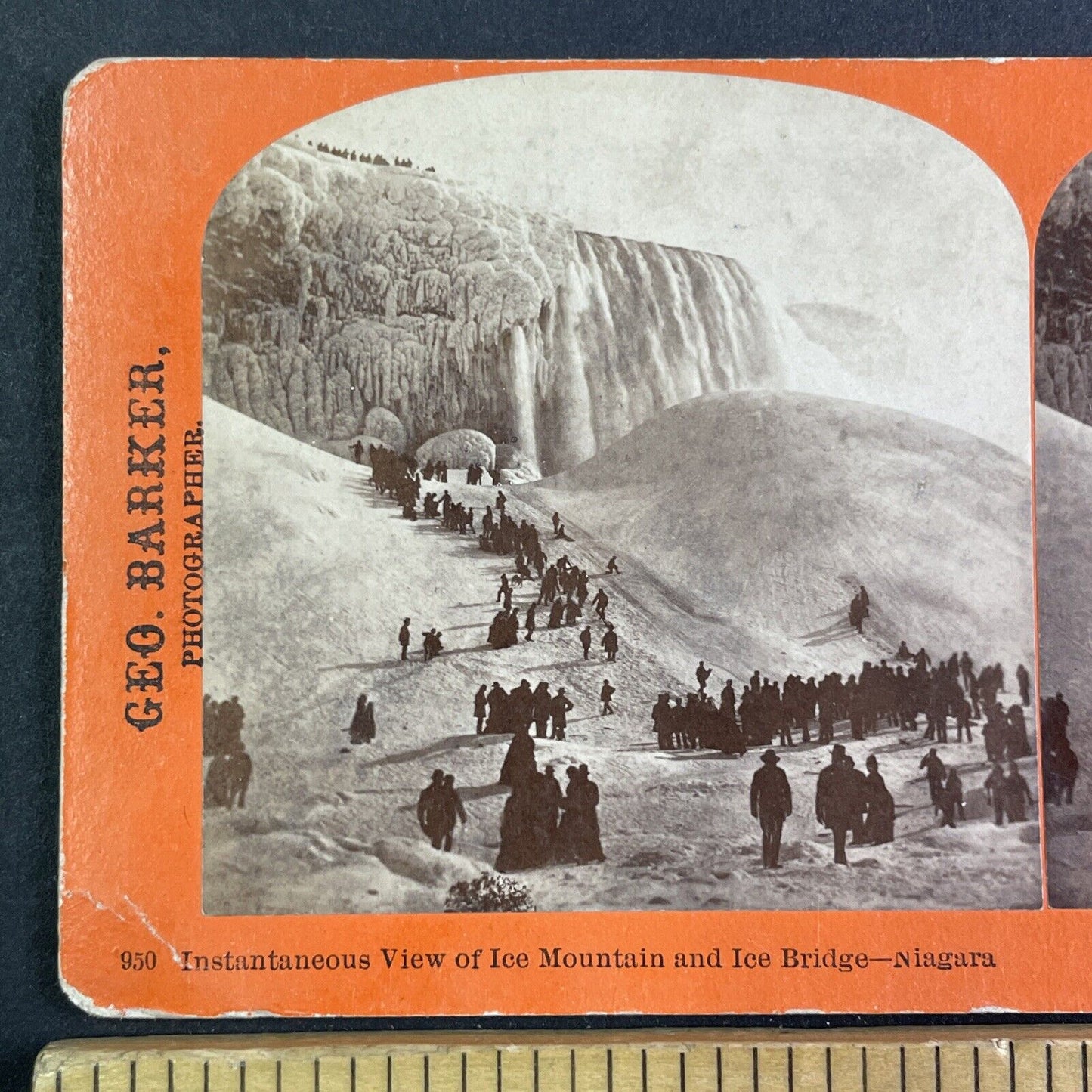 Skiing and Sledding Down Niagara Falls Ice Stereoview Antique c1870s X1937