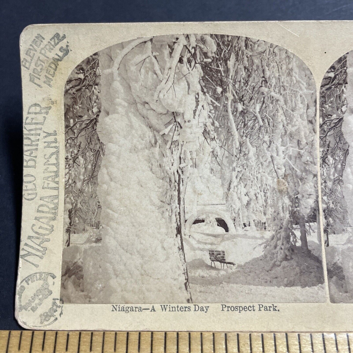 Antique 1889 Heavy Snowstorn Prospect Point Niagara Stereoview Photo Card P5053