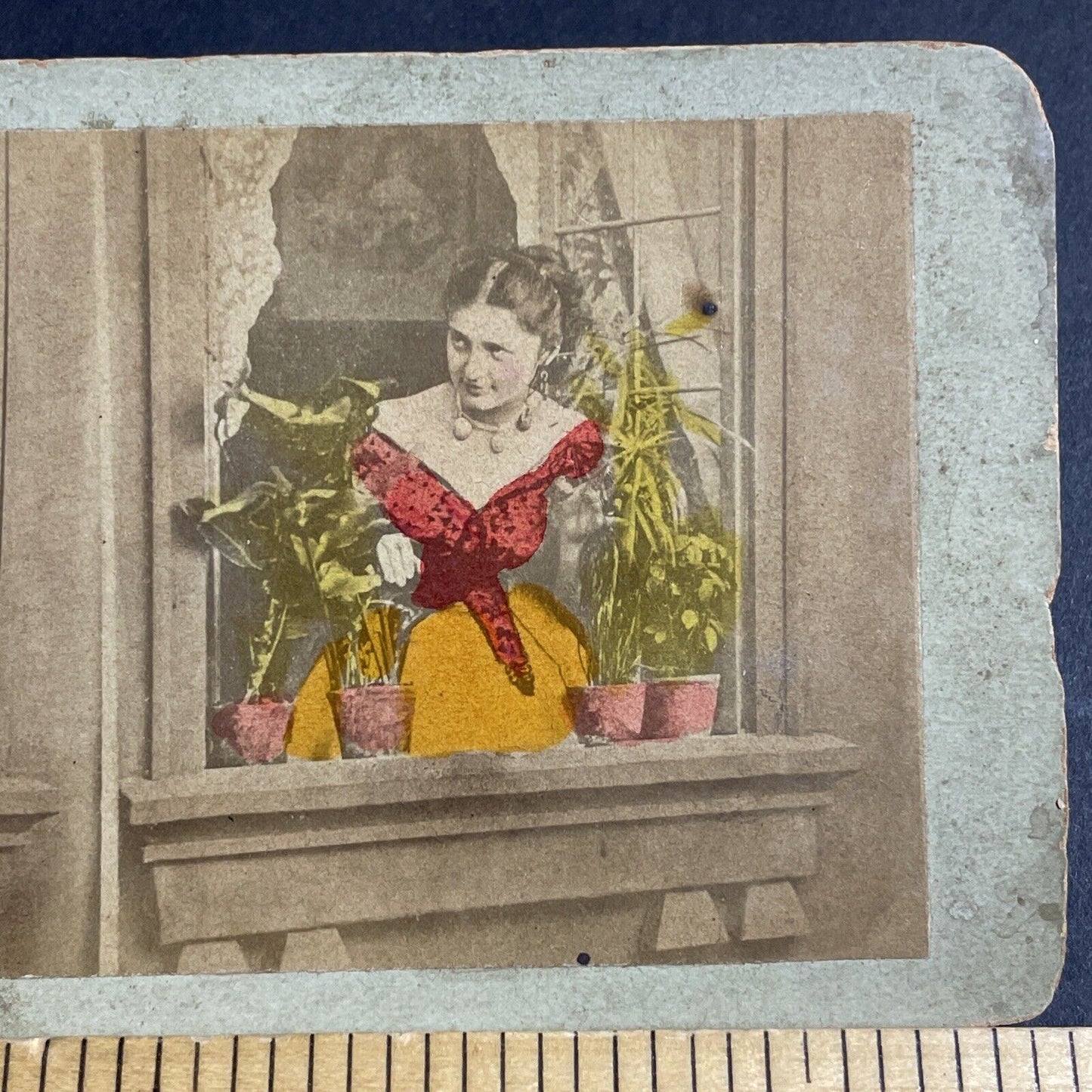 Antique 1850s Woman Awaits Her Lover At Window Stereoview Photo Card P4759