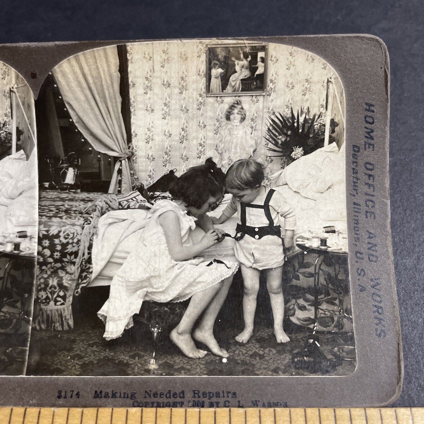 Antique 1906 Girl Fixes Boys Lederhosen Stereoview Photo Card P4291