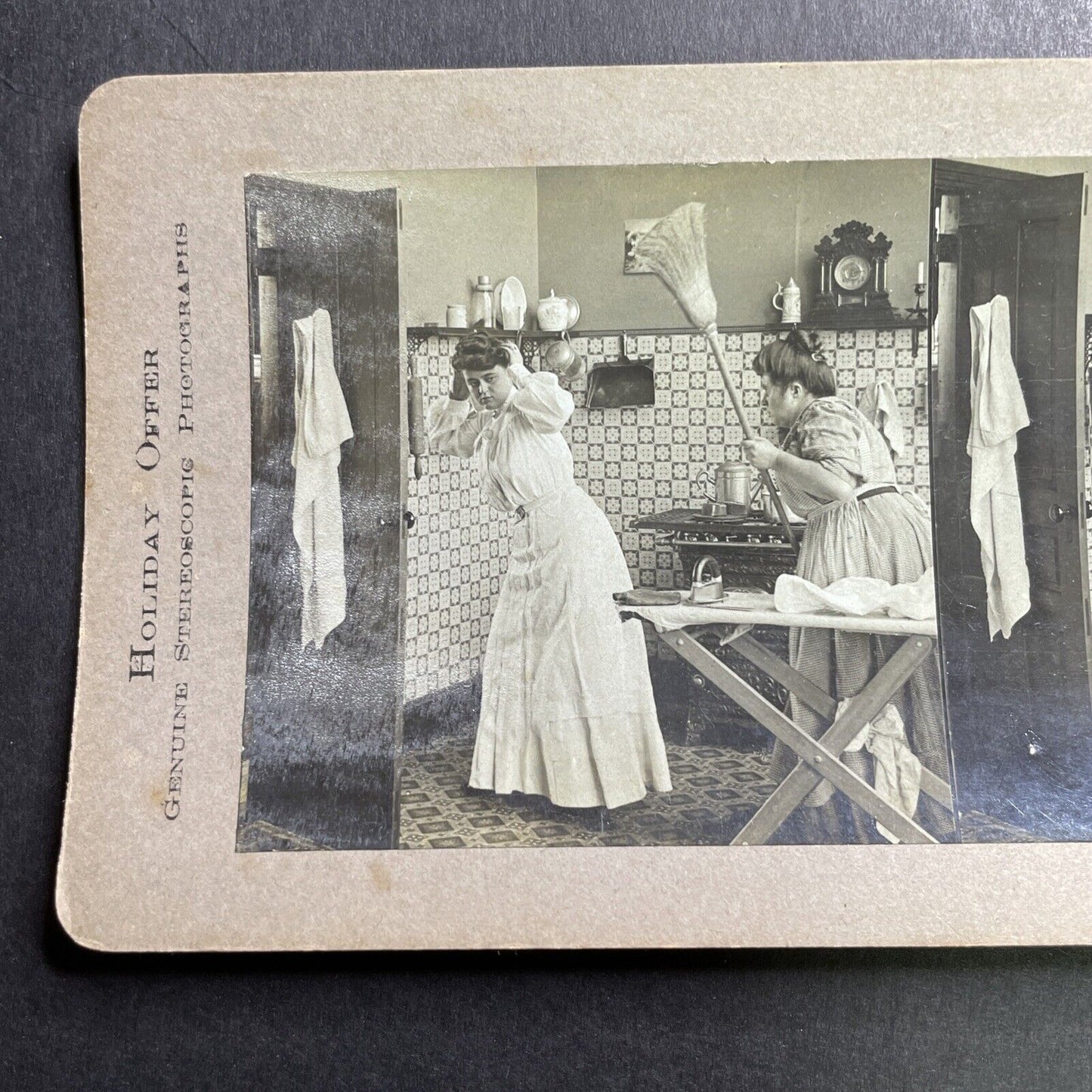 Antique 1906 Wife Chases Mistress Out Of Kitchen Stereoview Photo Card P1644