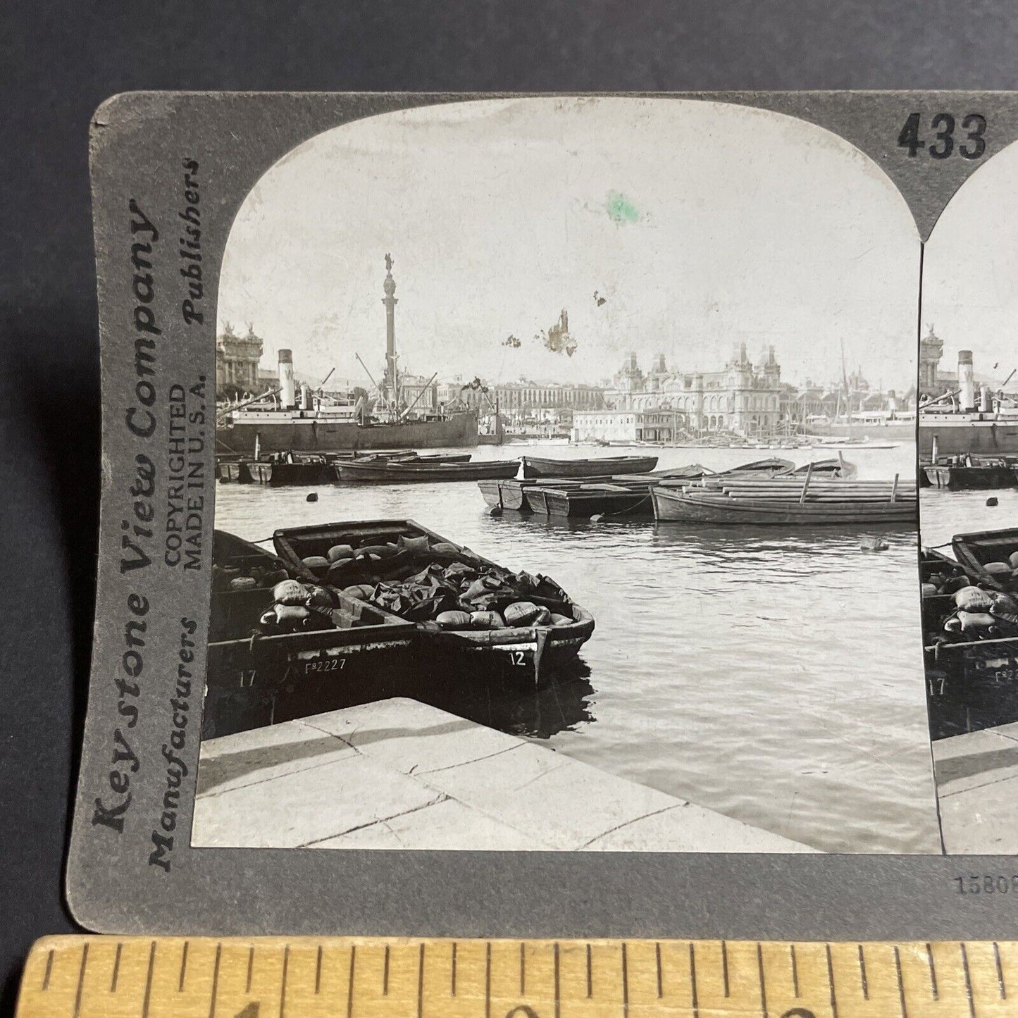 Antique 1920s Barcelona Spain View From Harbor Stereoview Photo Card P5501