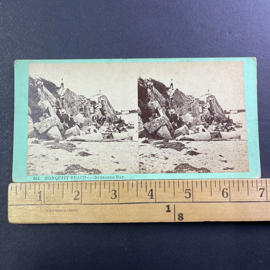 Nonquitt Beach Massachusetts Stereoview TEM White Photo Card Antique c1868 X1000