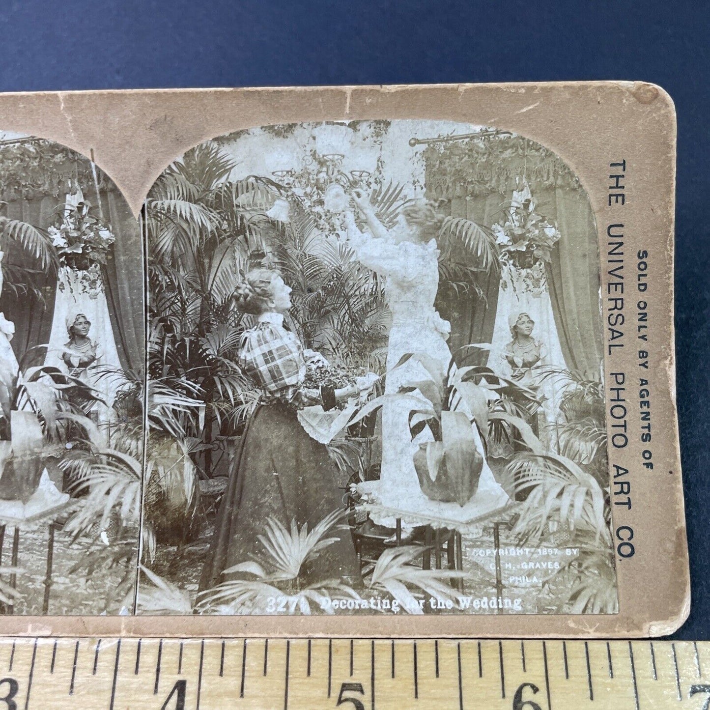 Antique 1897 Woman Decorates For Victorian Wedding Stereoview Photo Card P2940