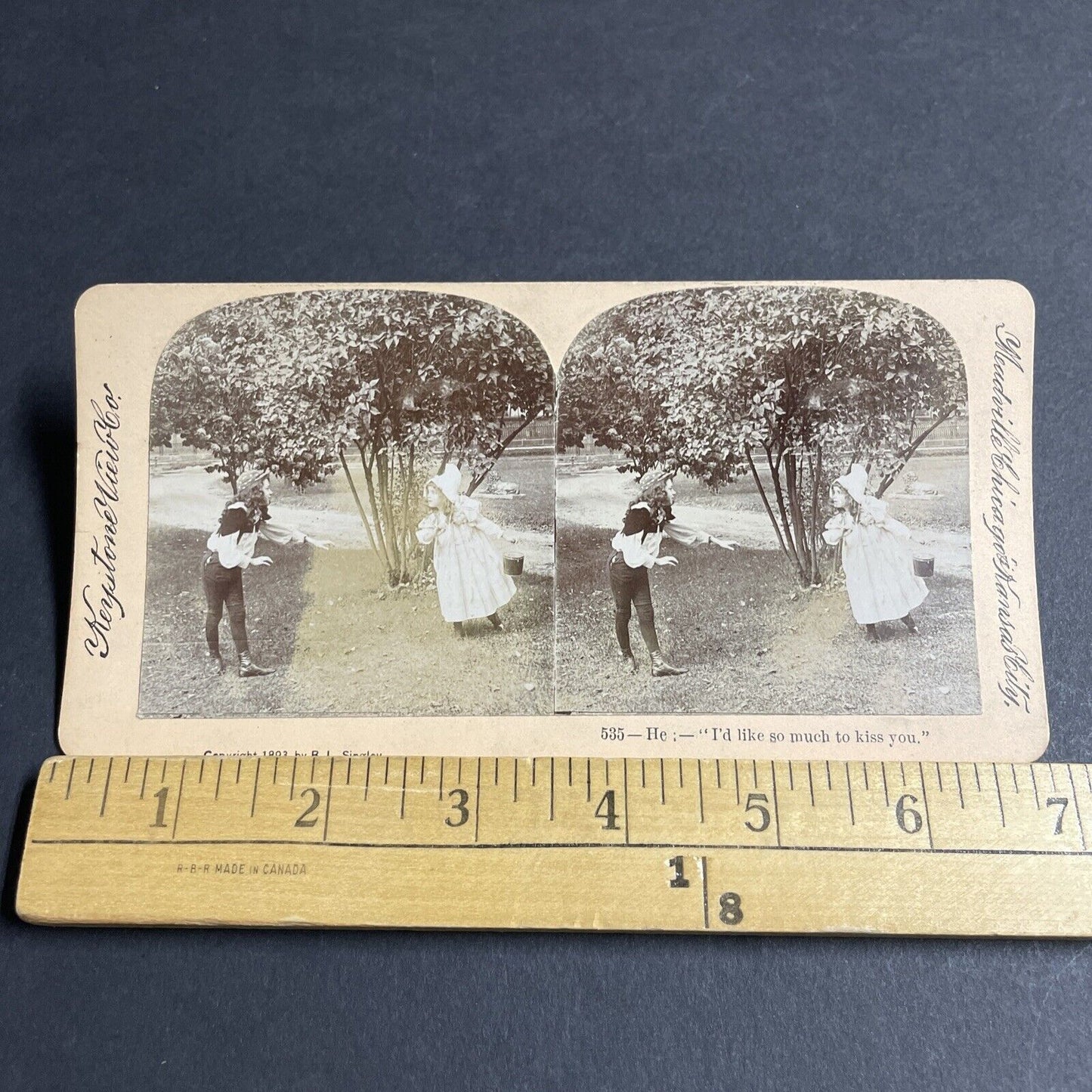 Antique 1893 Boy And Girl Ask For A Kiss Stereoview Photo Card P4735