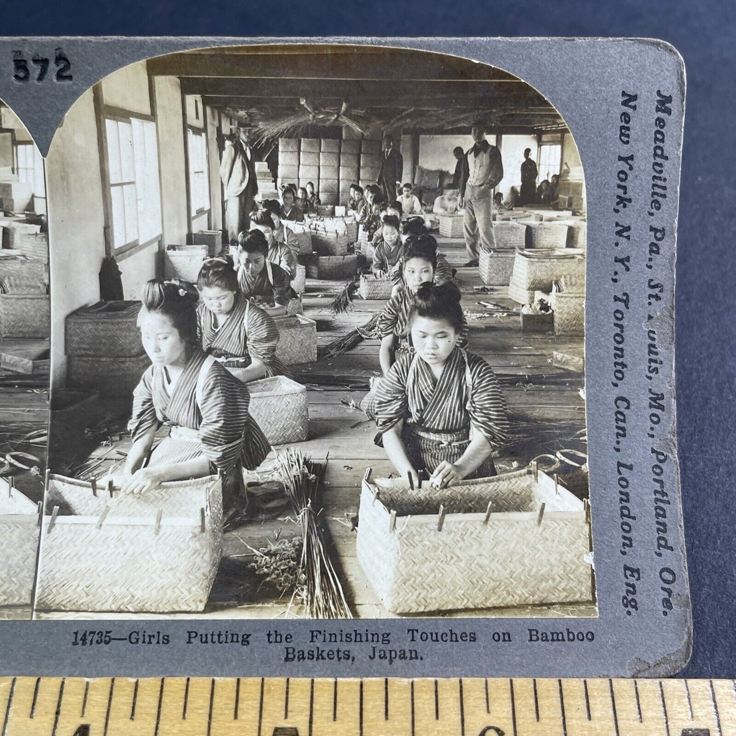 Antique 1904 Basket Factory Yoshiwara Fuji Japan Stereoview Photo Card P2122