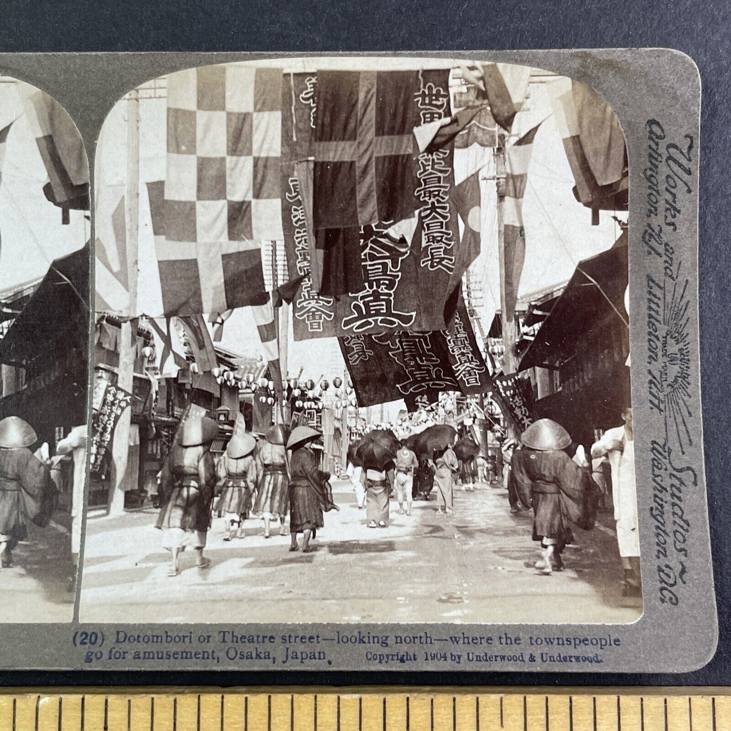 Theater Street Flags in Osaka Japan Stereoview Antique c1904 Y2585