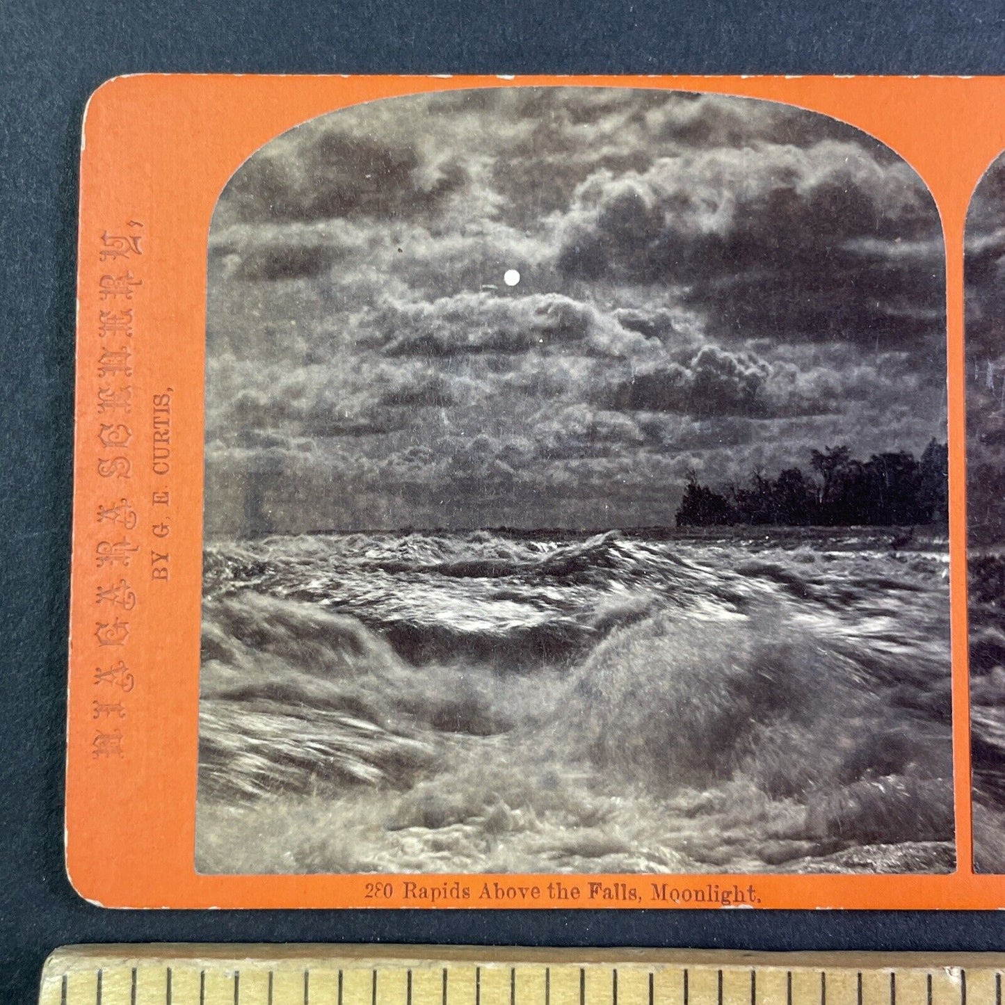 Niagara Falls River Rapids & Moon Stereoview George Curtis Antique c1870 Y2444