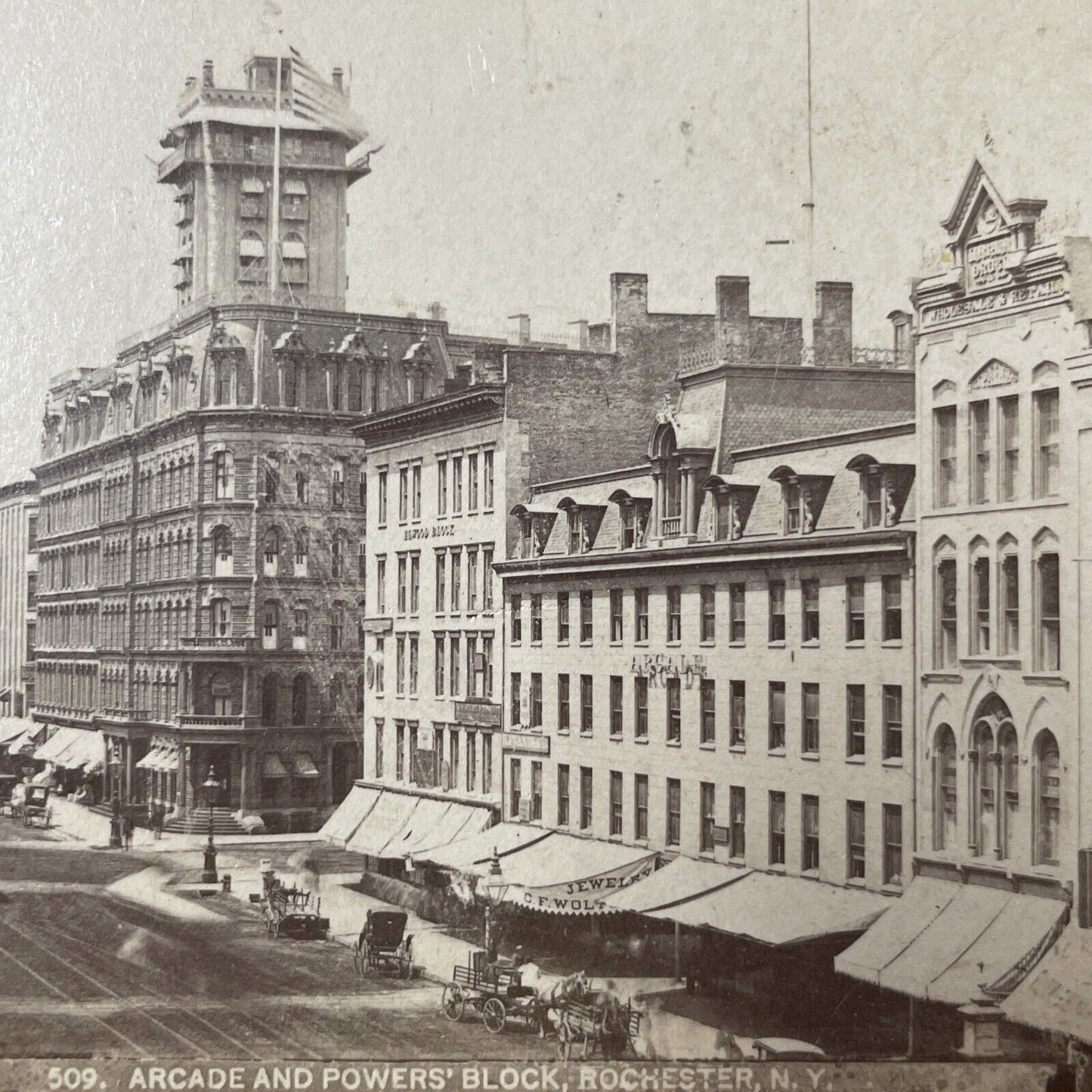 Antique 1870s Arcade & Powers Buildings Rochester Stereoview Photo Card P381-04