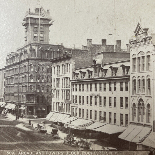 Antique 1870s Arcade & Powers Buildings Rochester Stereoview Photo Card P381-04