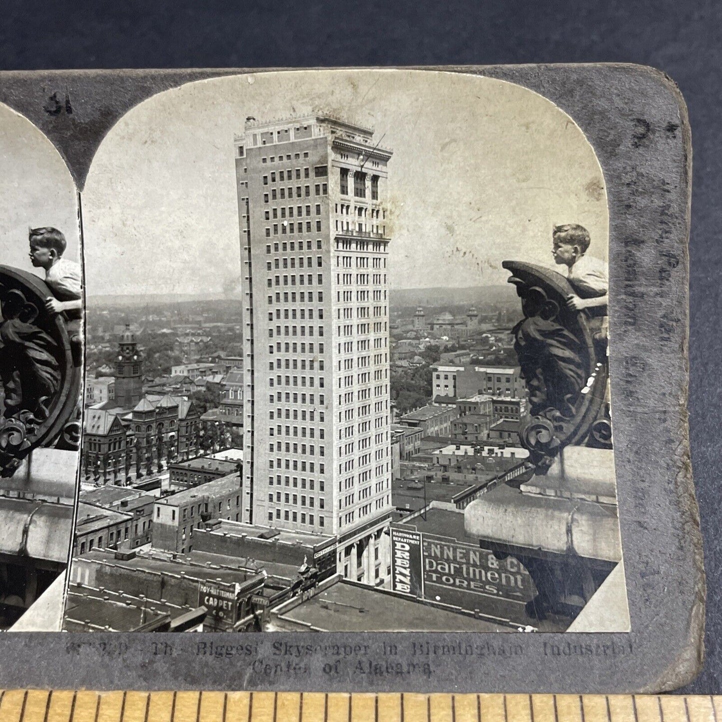 Antique 1920s Boy Climbs Skyscraper Gargoyle AL Stereoview Photo Card P4296