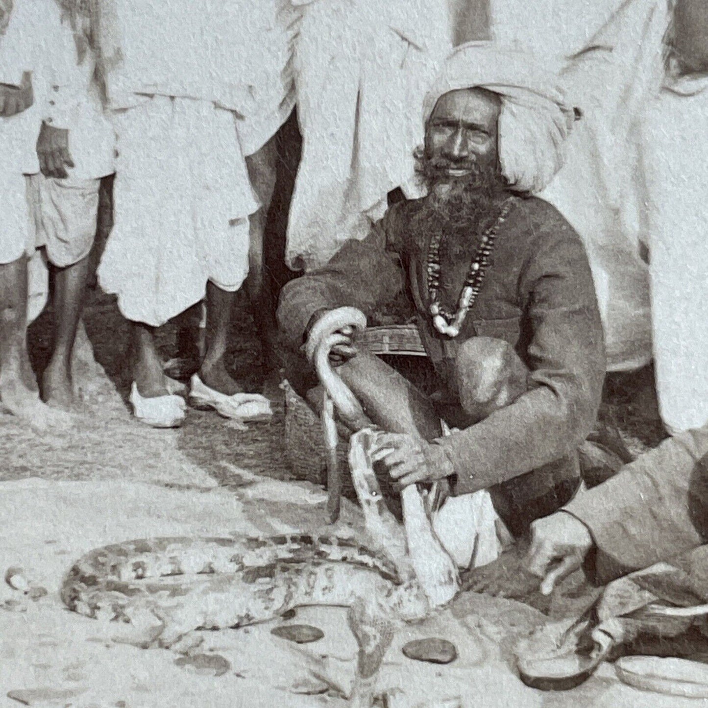 Antique 1903 Snake Charmers Hold Poisonous Snakes Stereoview Photo Card P5653