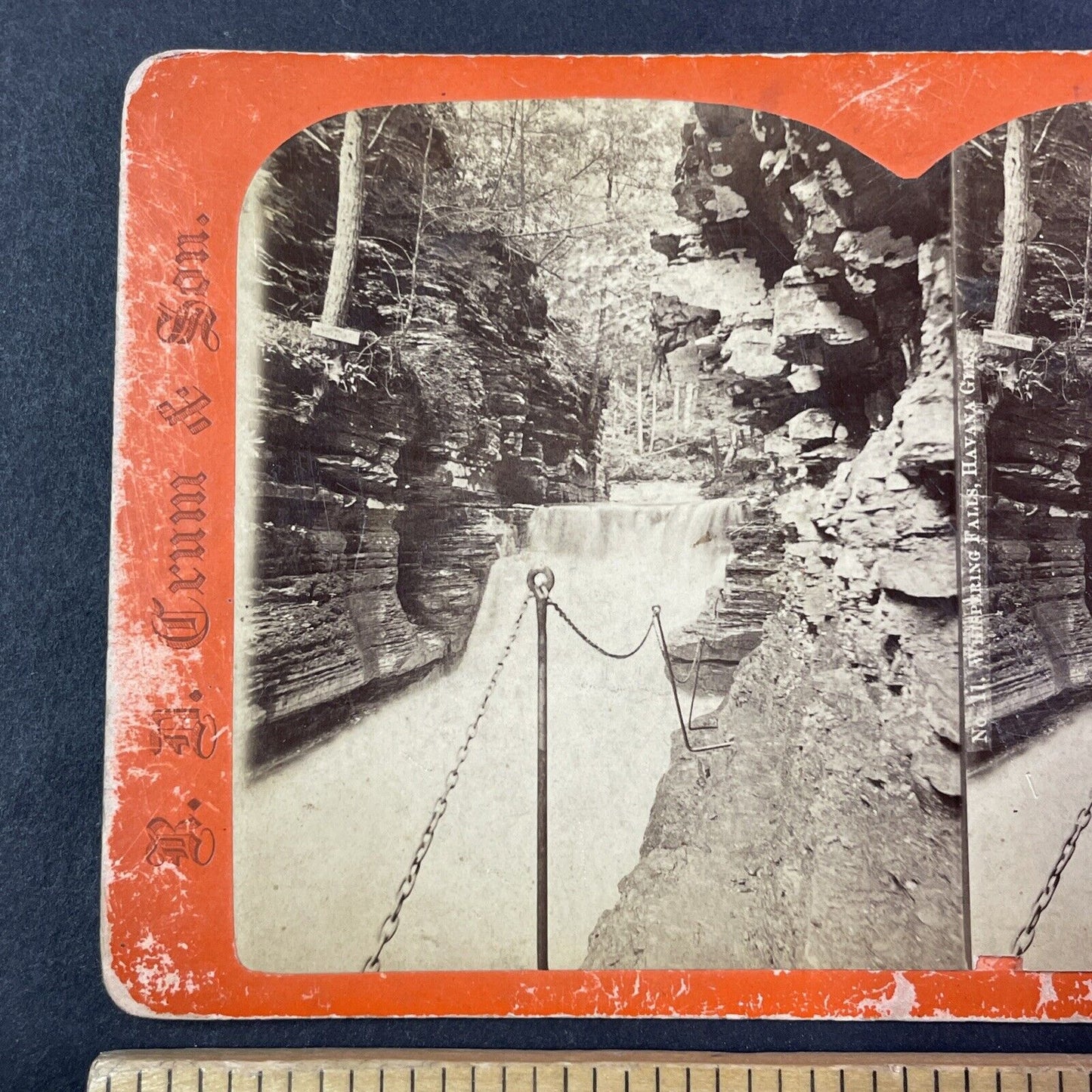 Watkins Glen Whispering Falls New York Stereoview R.D. Crum Antique c1870s Y1818