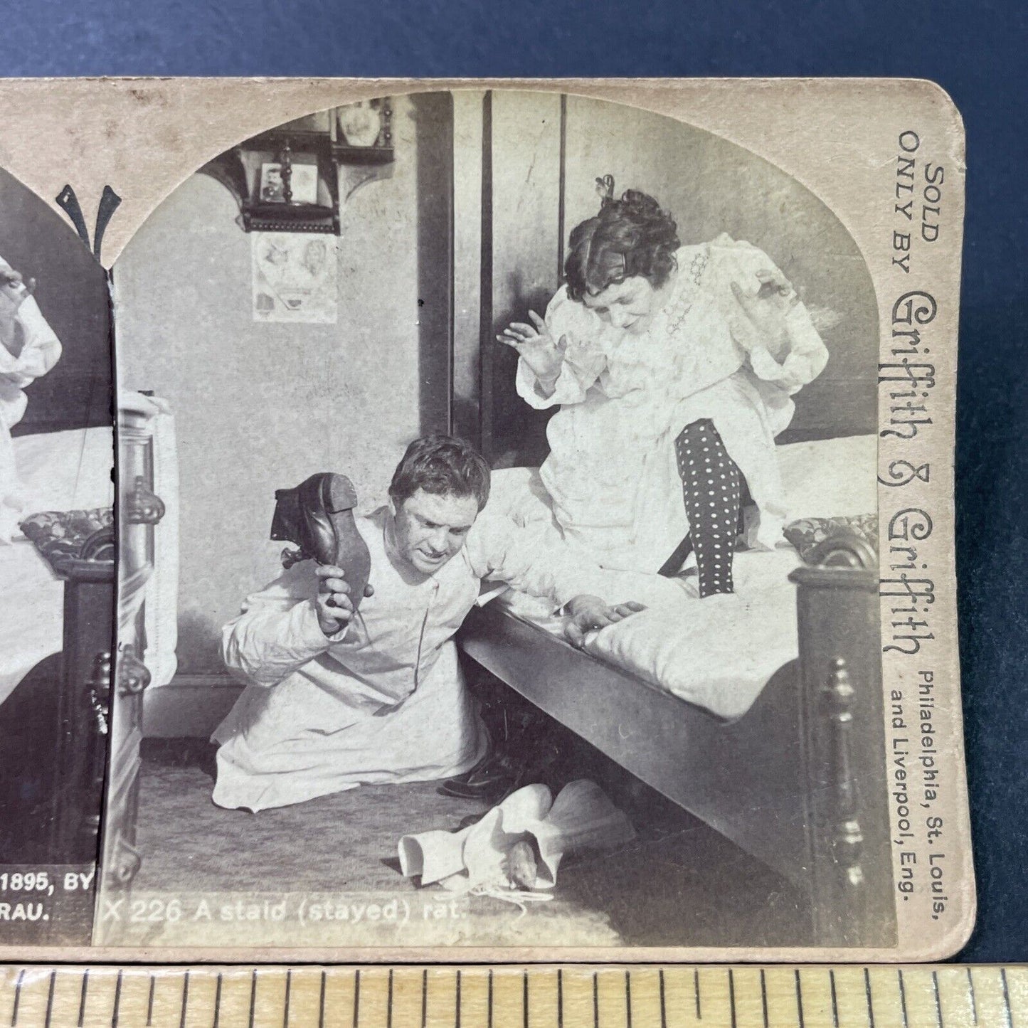 Antique 1895 Man Tries To Catch A Rat With His Boot Stereoview Photo Card P2875