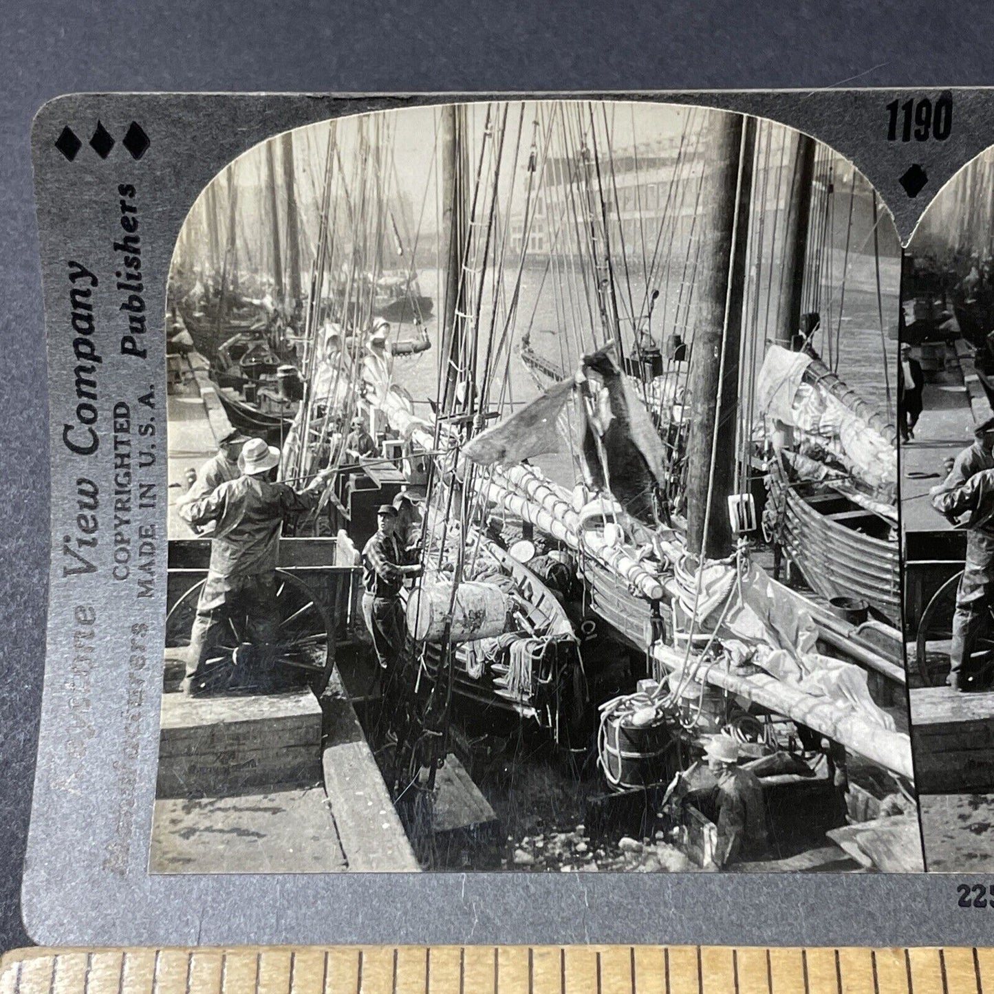 Antique 1920s Halibut Fishermen In Boston MA Stereoview Photo Card V2636