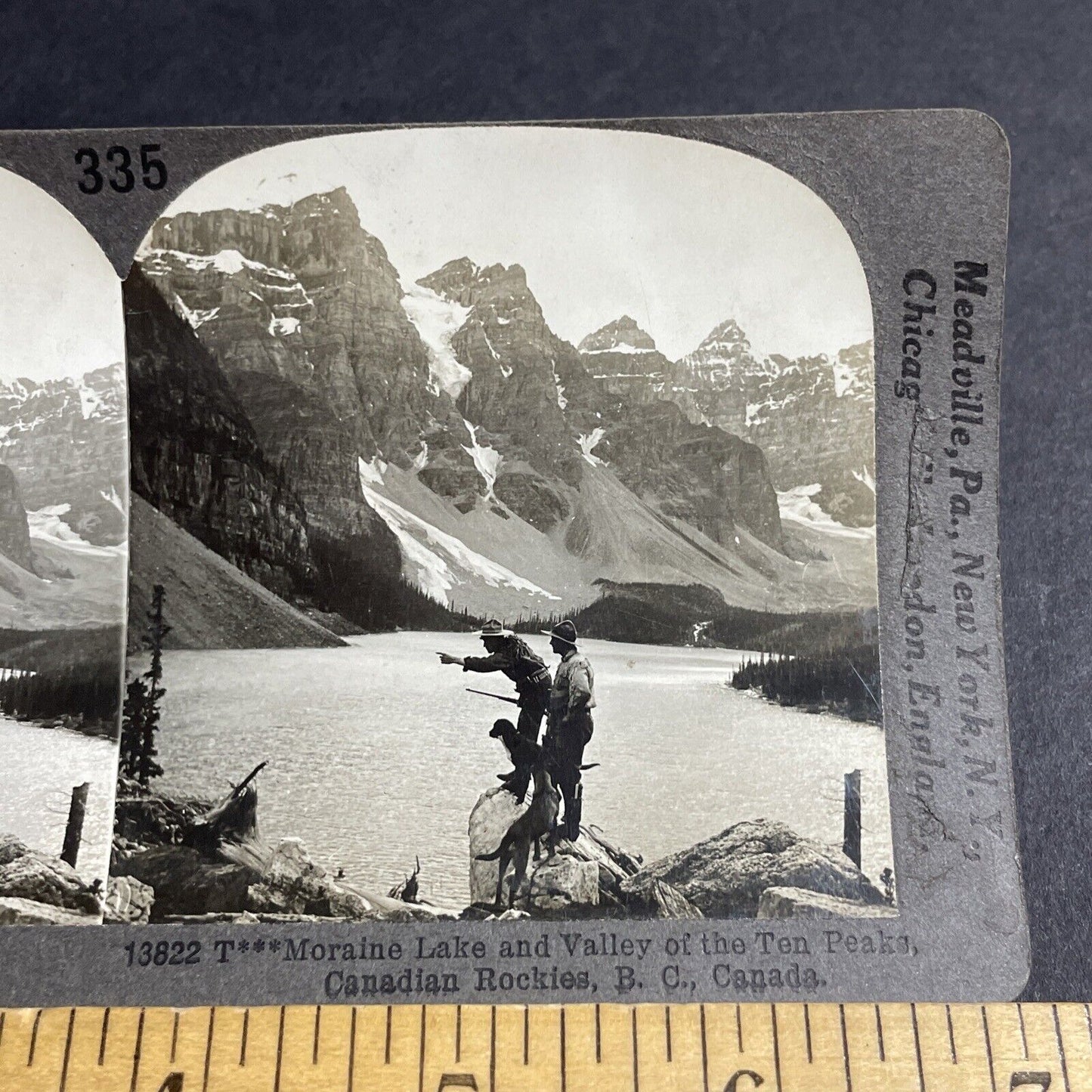 Antique 1910s Hunters Near Moraine Lake Lodge Alberta Stereoview Photo Card 3193