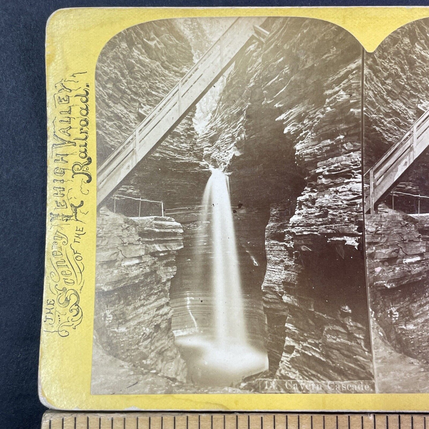 Lehigh Valley Railroad Stereoview Cavern Falls Watkins Glen Antique c1870s Y2167