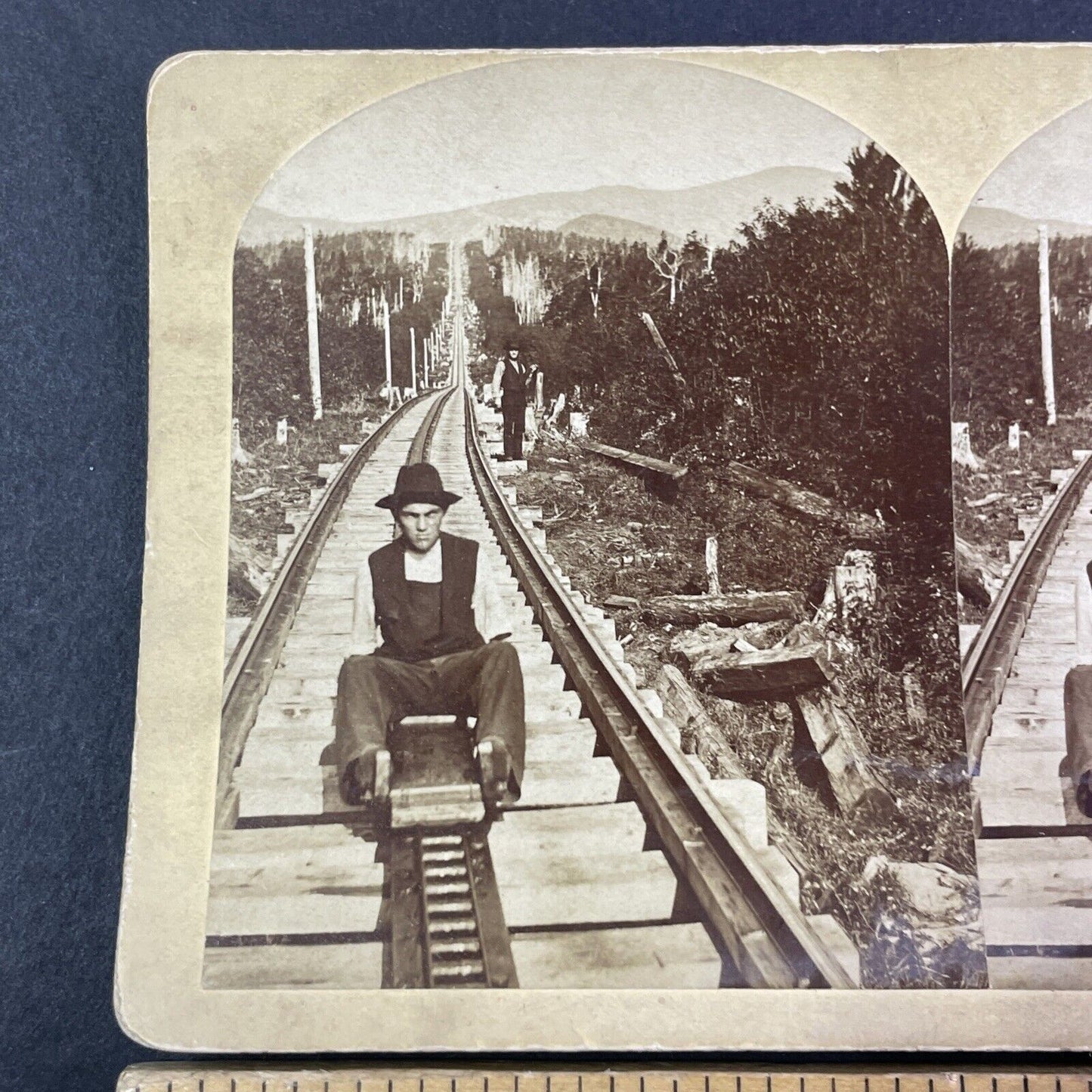 Railroad Worker Missing an Arm Stereoview Mt Washington Railway c1870s Y1477