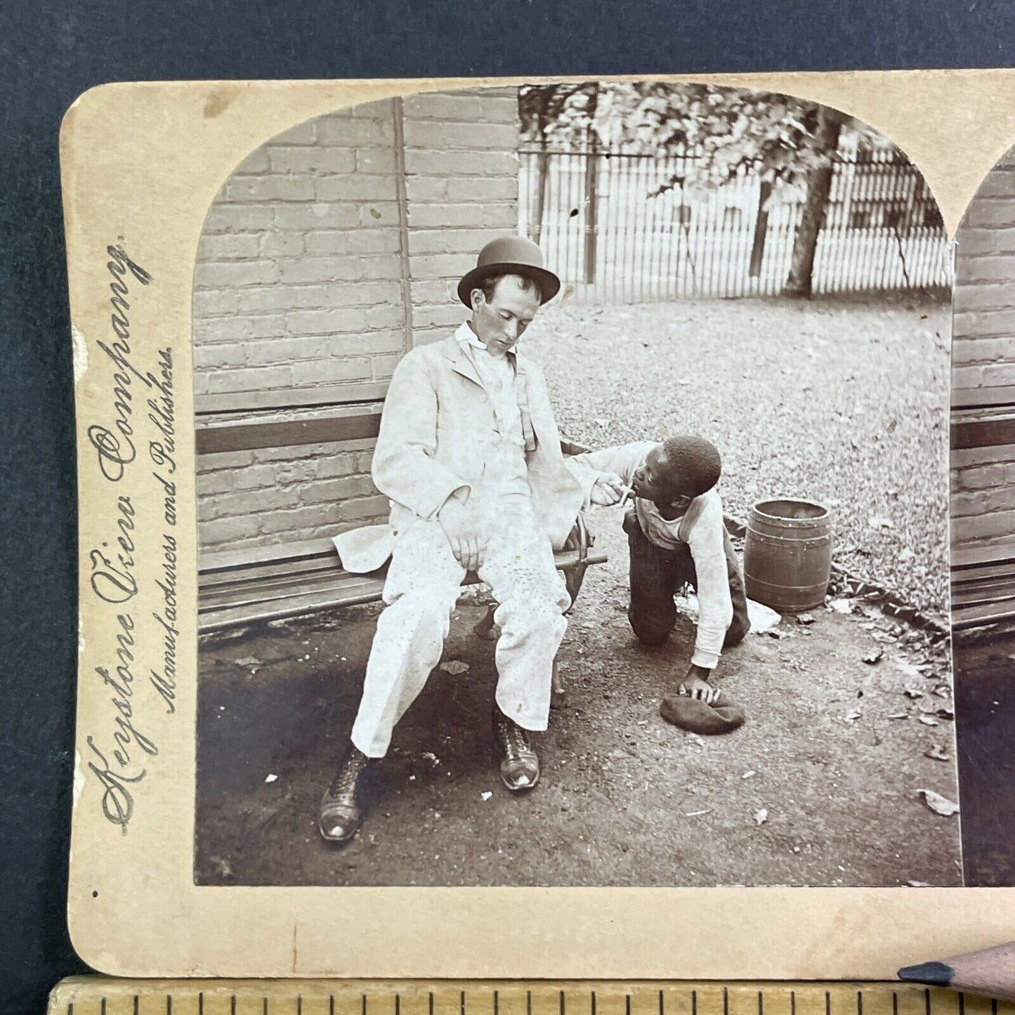 Man Steals Drunk Man's Cigarette Stereoview Humour Comedy Antique c1897 X1655